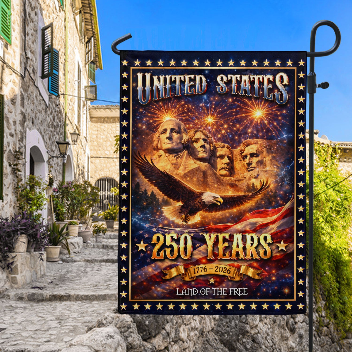 United States 250 Years House Flag Mount Rushmore Eagle 1776 - 2026 Patriotic Banner