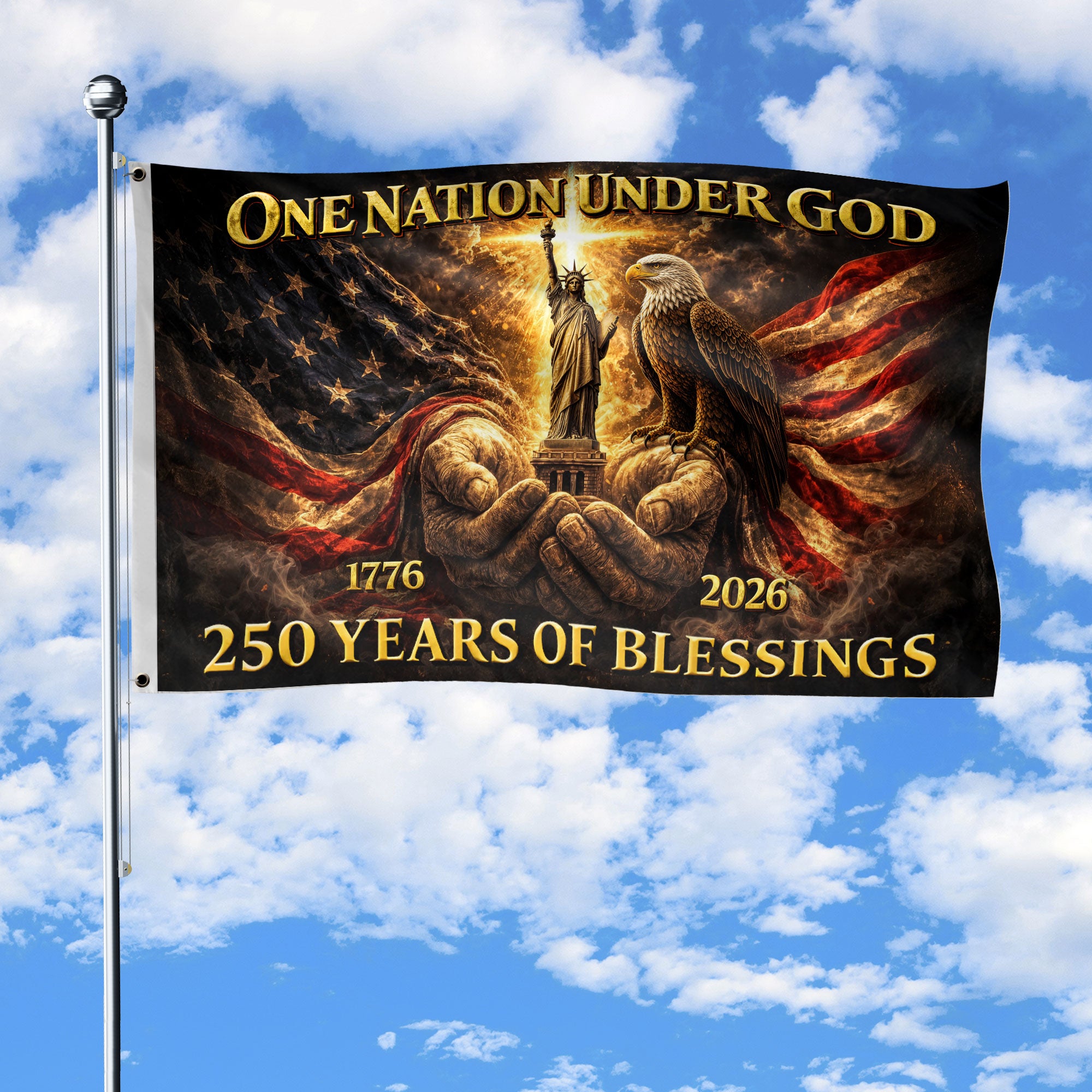 Patriotic God's Hands House Flag 1776-2026 One Nation Under God 250 Years of Blessings - Rust Field Wear