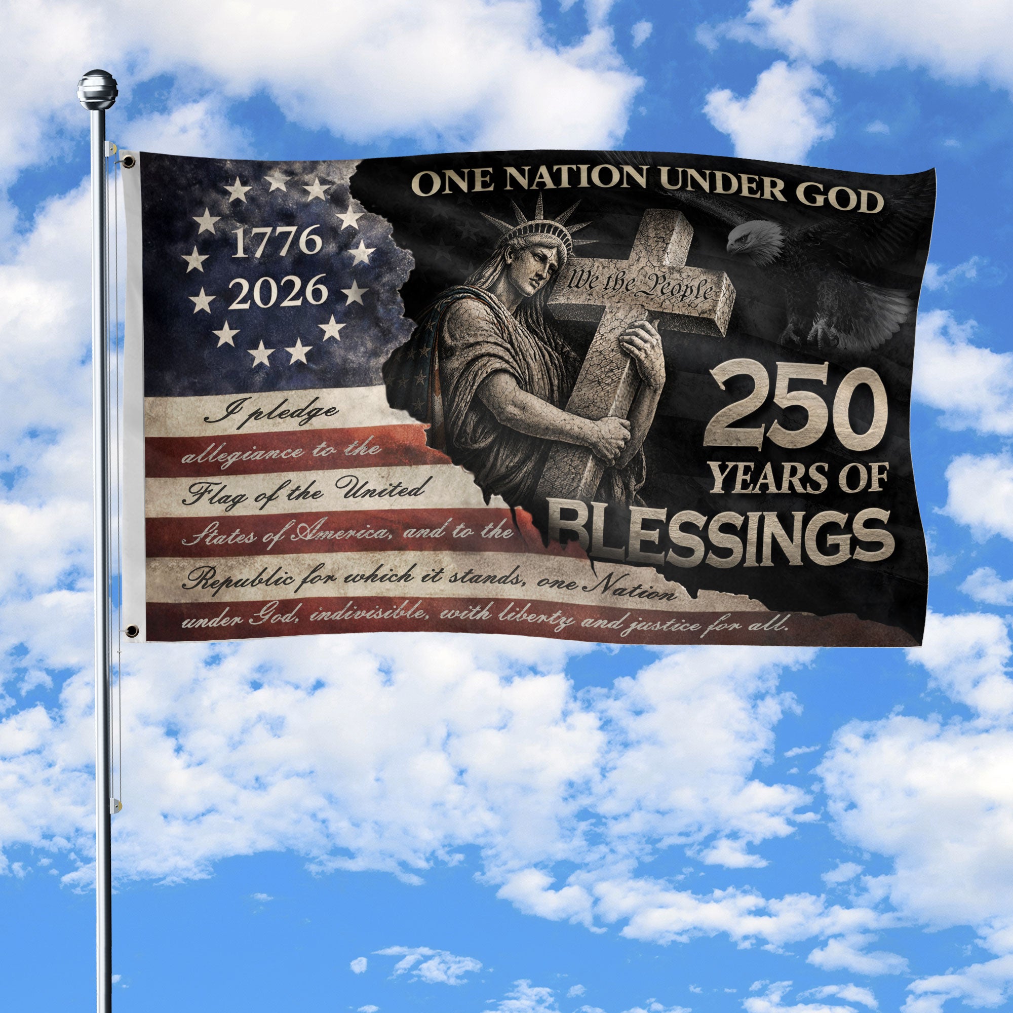 Pledge of Allegiance House Flag 1776-2026 Patriotic Christian 250 Years of Blessings - Rust Field Wear