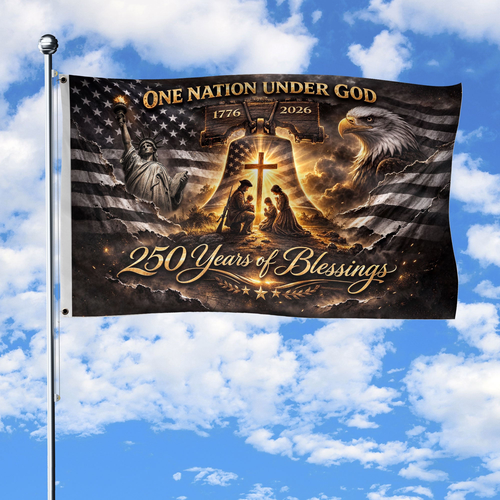 Liberty Bell Patriotic House Flag 1776-2026 One Nation Under God 250 Years of Blessings - Rust Field Wear