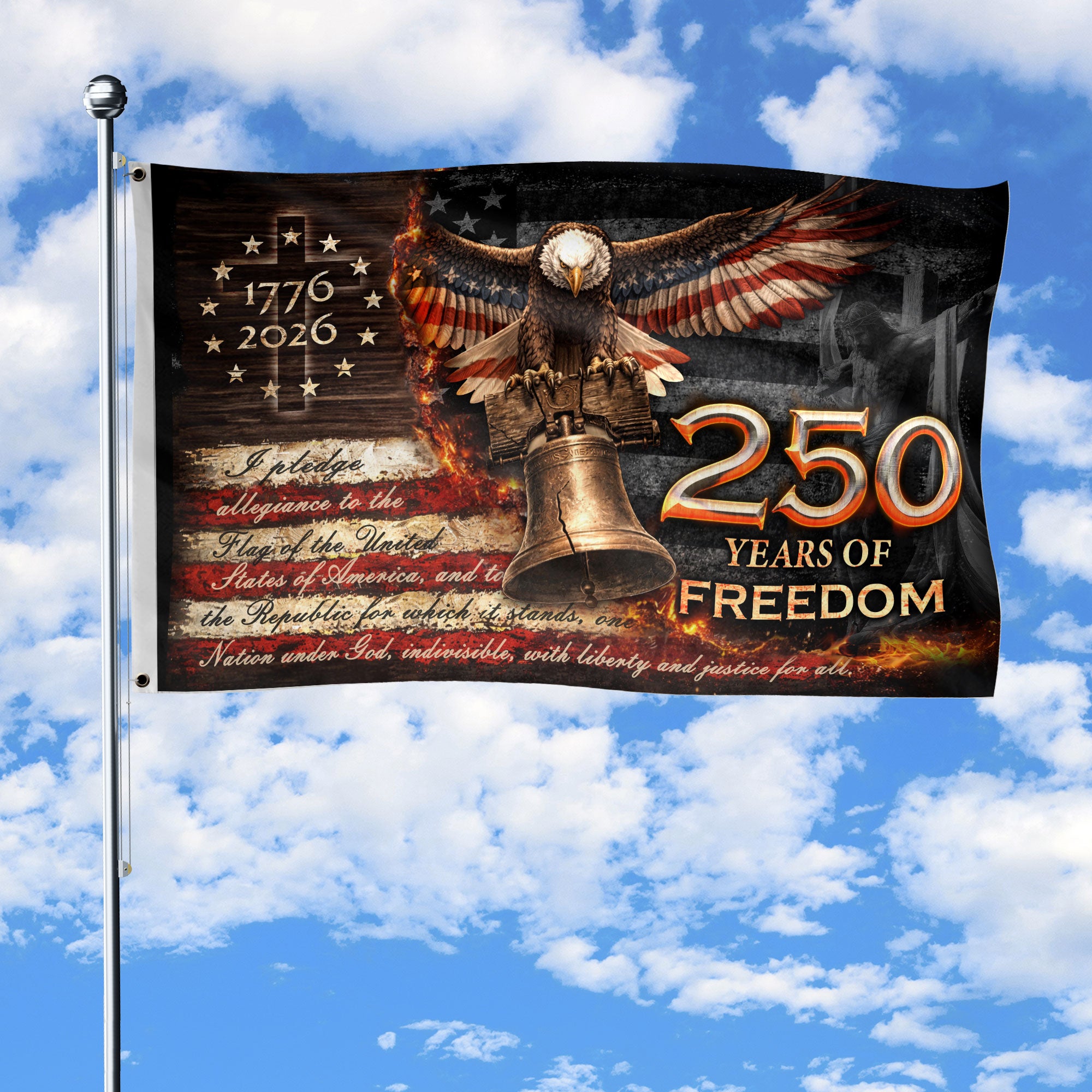 1776-2026 Patriotic Garden Decor Gift House Flag 250 Years of Freedom Eagle Liberty Bell 3x5ft - Rust Field Wear