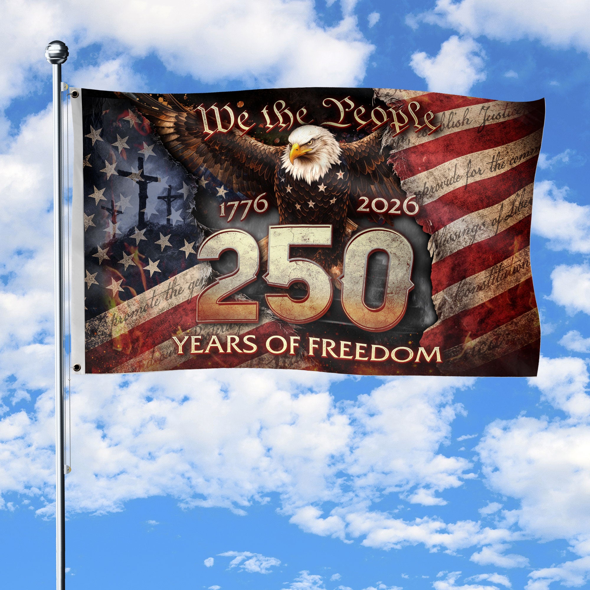 Christian Heritage House Flag 250 Years of Blessings One Nation Under God 1776–2026 3x5ft - Rust Field Wear