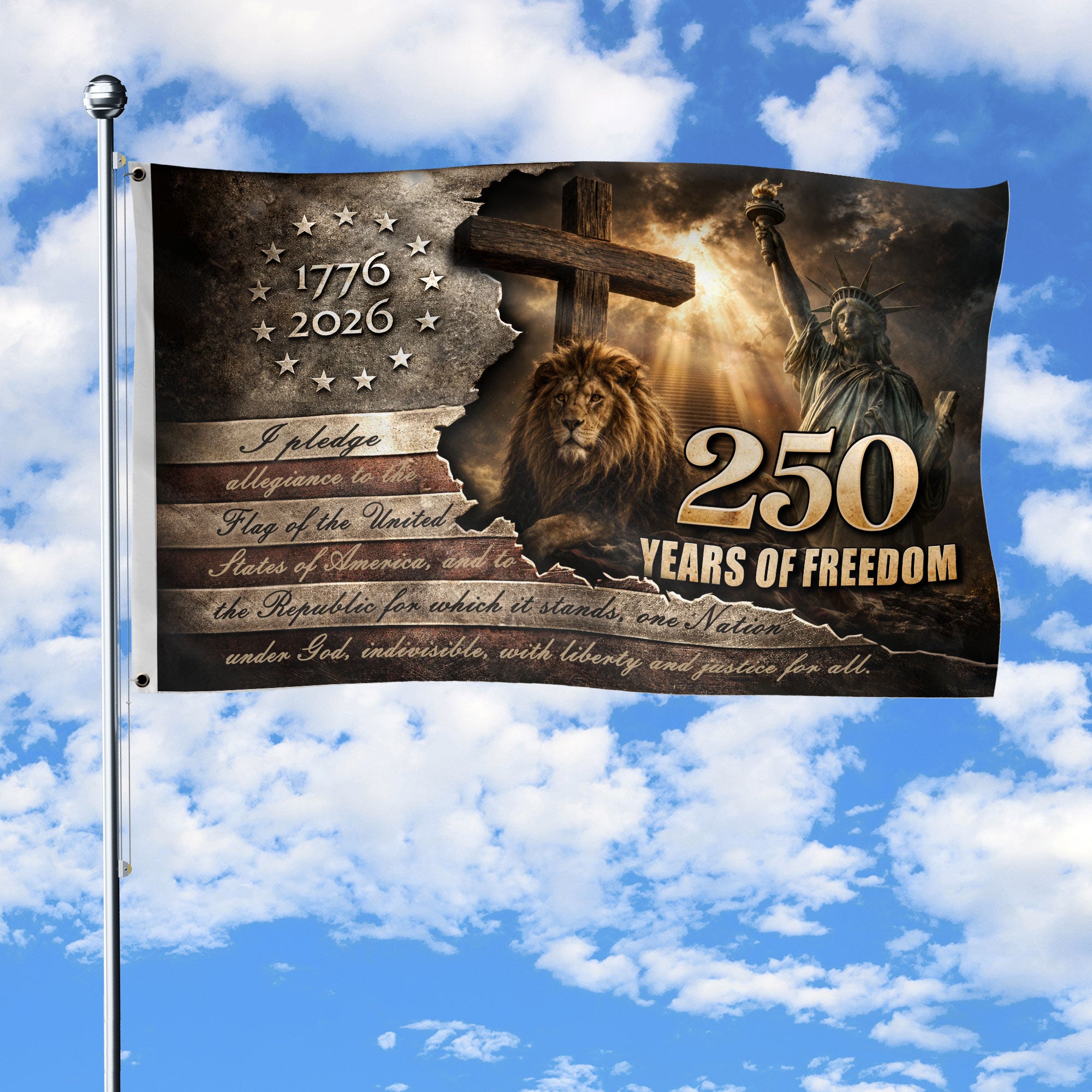 Patriotic Lion Cross House Flag 1776-2026 One Nation Under God 250 Years of Freedom Gift