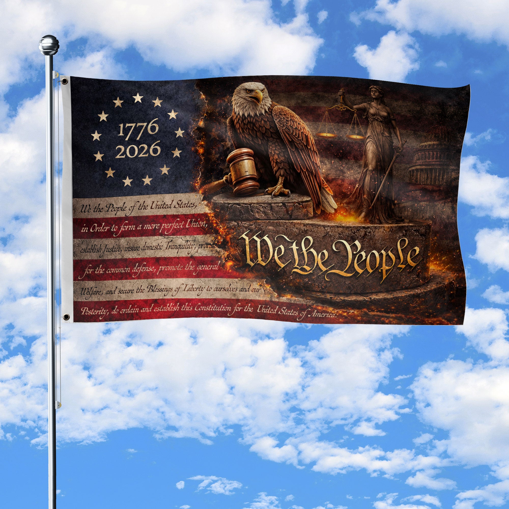 Lady Justice House Flag 1776-2026 Patriotic Eagle Shield We The People 250 Years Decor