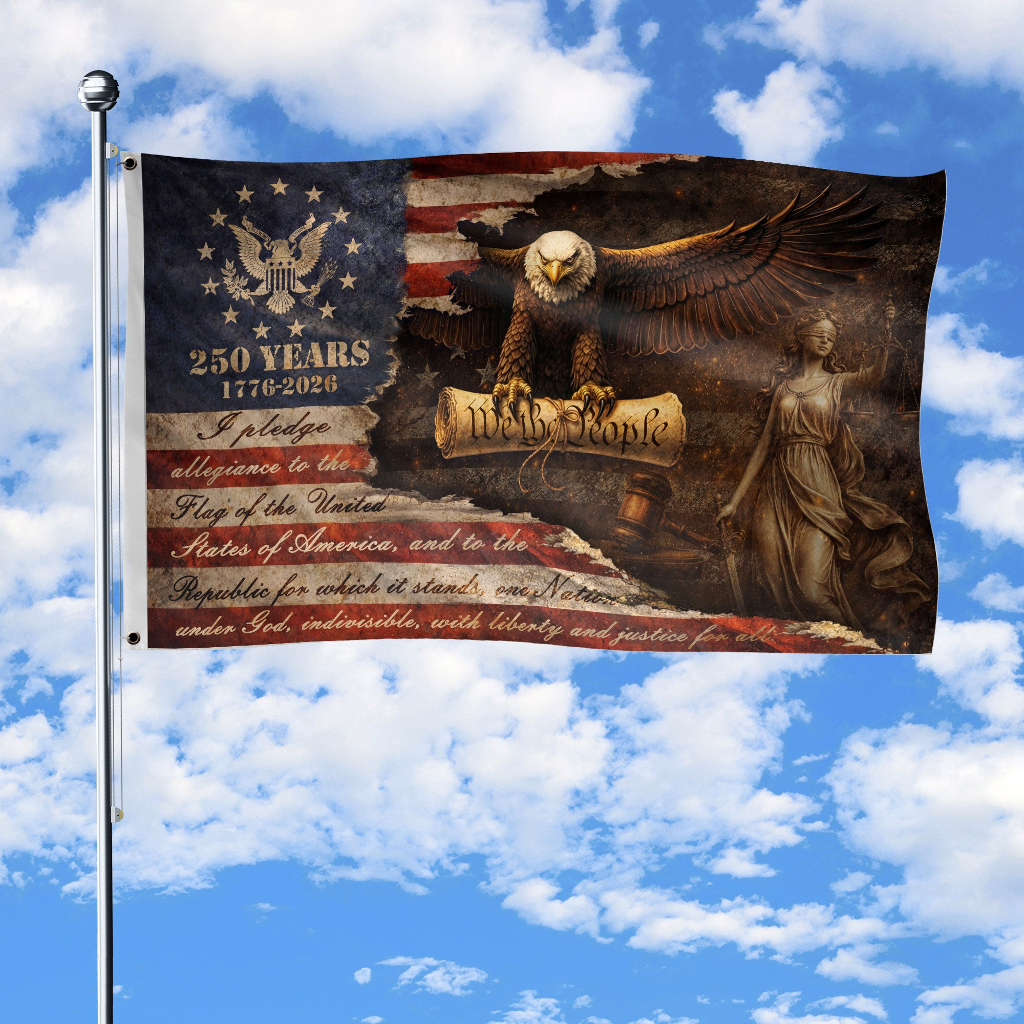 Justice Gavel Eagle House Flag 1776-2026 We The People 250 Years Freedom Patriotic Decor