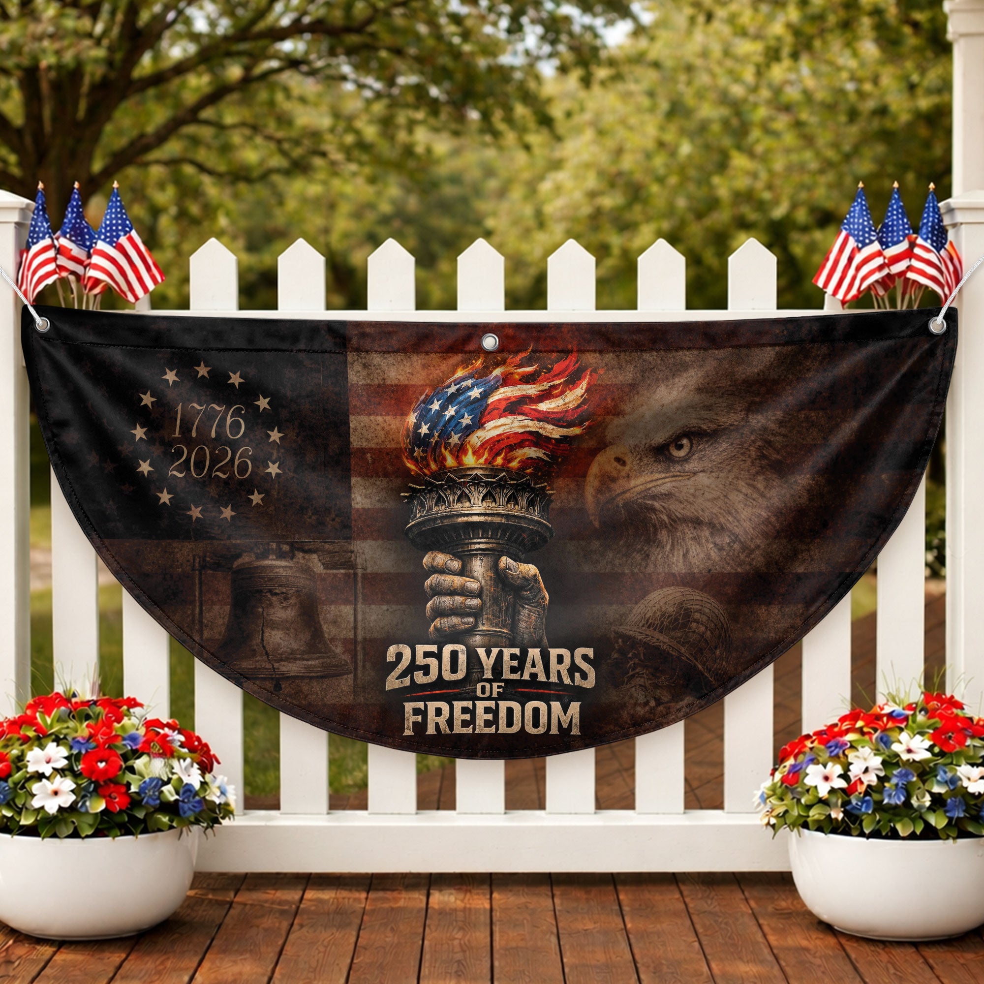 250th Anniversary Freedom Flag Fence Banner - Liberty Torch & Eagle Design for 2026 Celebration
