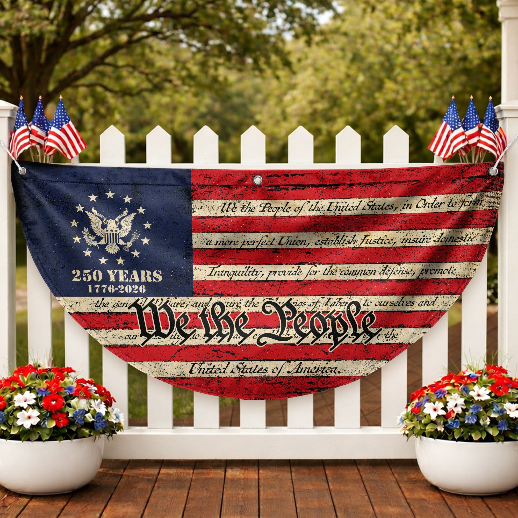 250th Anniversary USA Flag Fence Banner - Patriotic We The People Design for 2026 Celebration