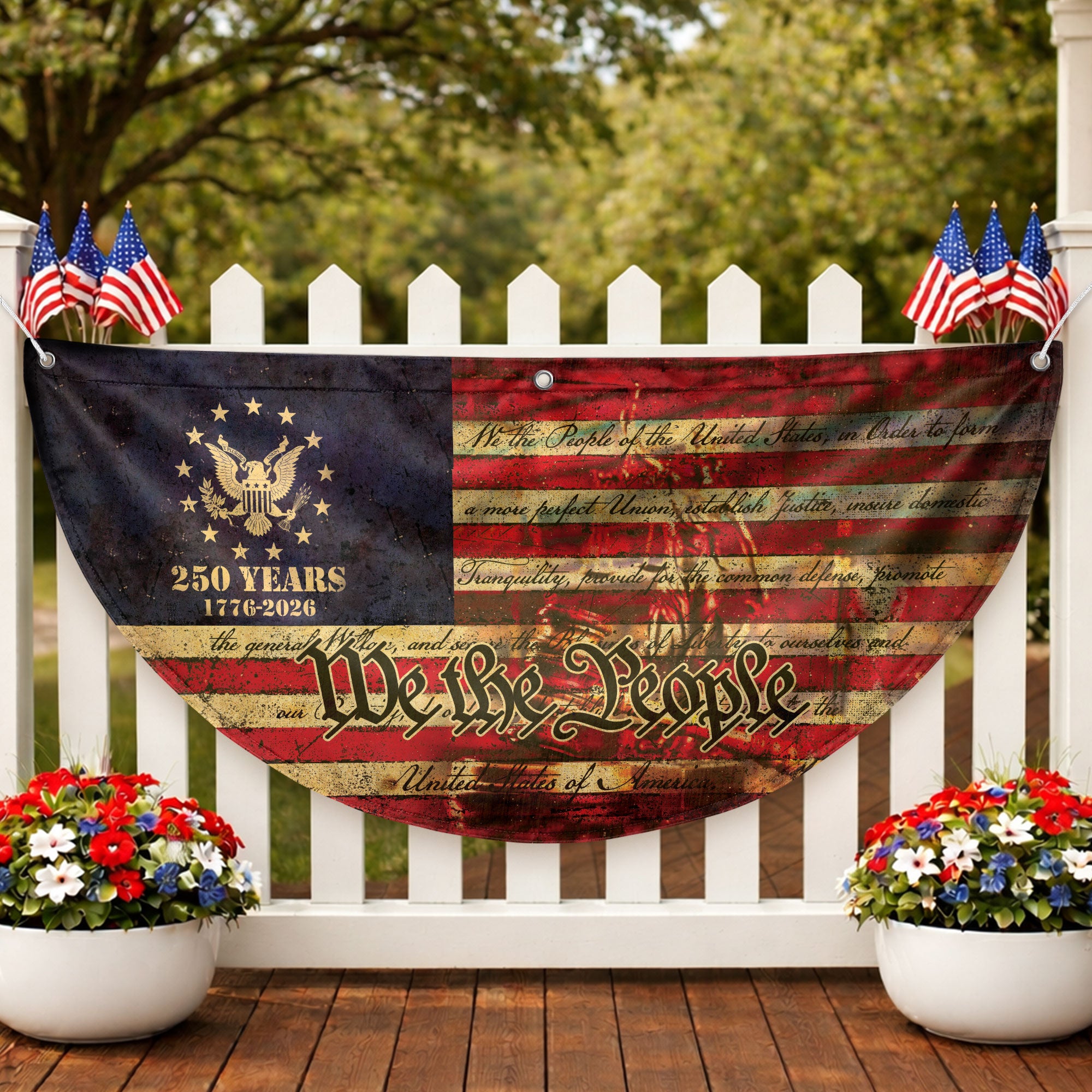 250th Anniversary USA Flag Fence Banner - We The People & Eagle Design for 2026 Celebration
