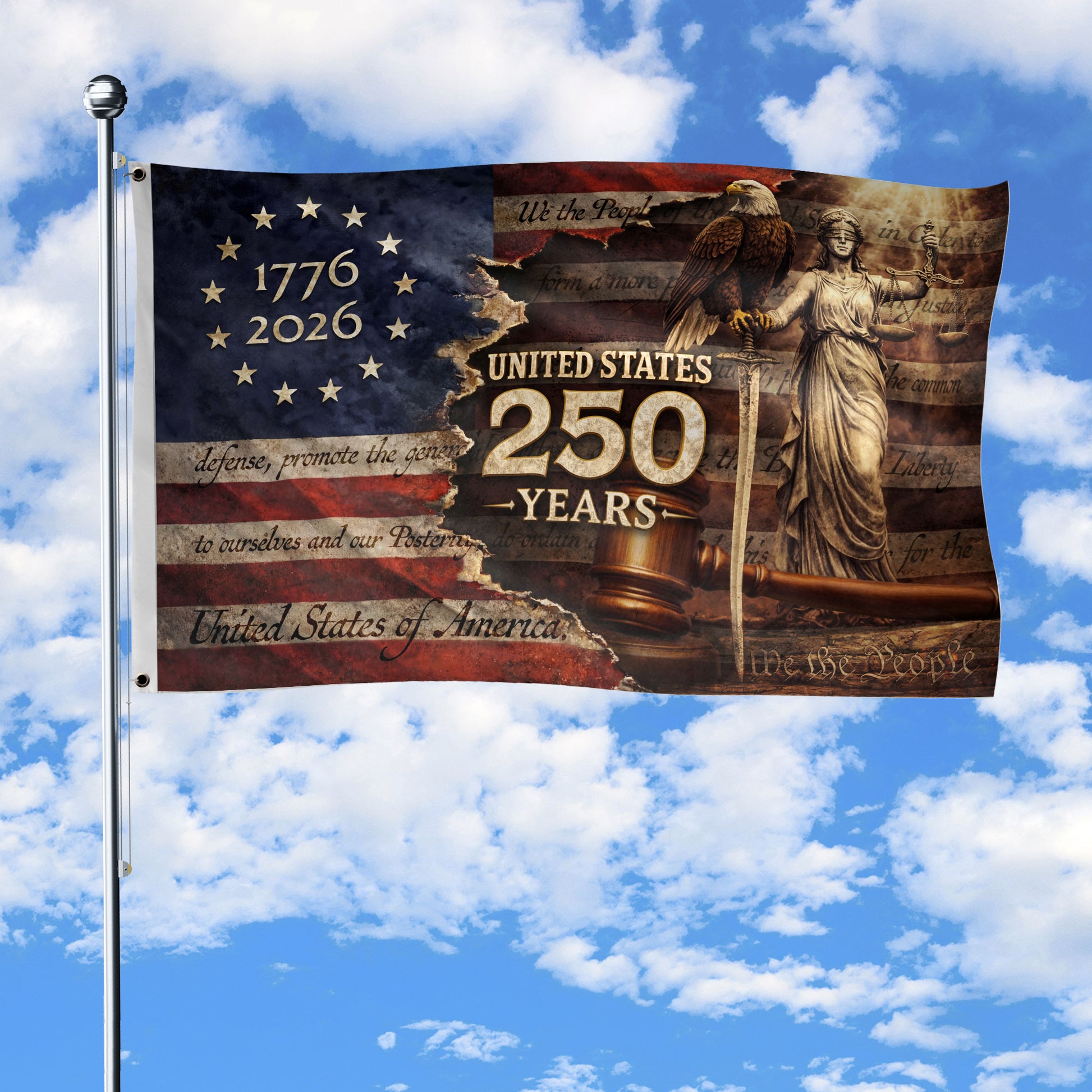 Patriotic Prayer House Flag 1776-2026 Liberty Bell One Nation Under God 250 Years Blessing - Rust Field Wear