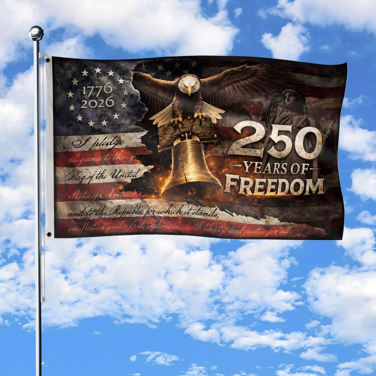 Patriotic Freedom House Flag 250 Years Eagle Liberty Bell Vintage American Outdoor - Rust Field Wear