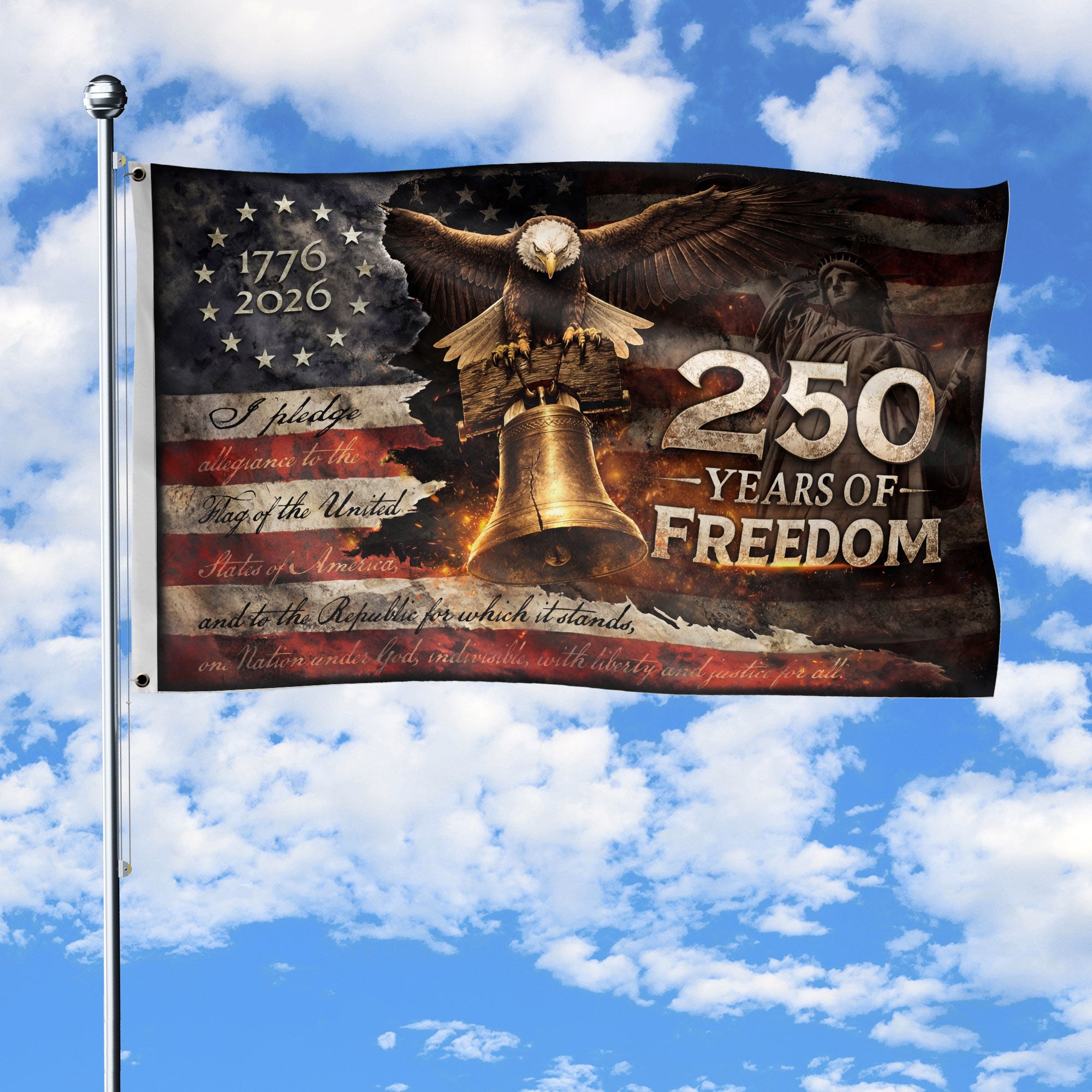Patriotic Freedom House Flag 250 Years Eagle Liberty Bell Vintage American Outdoor - Rust Field Wear