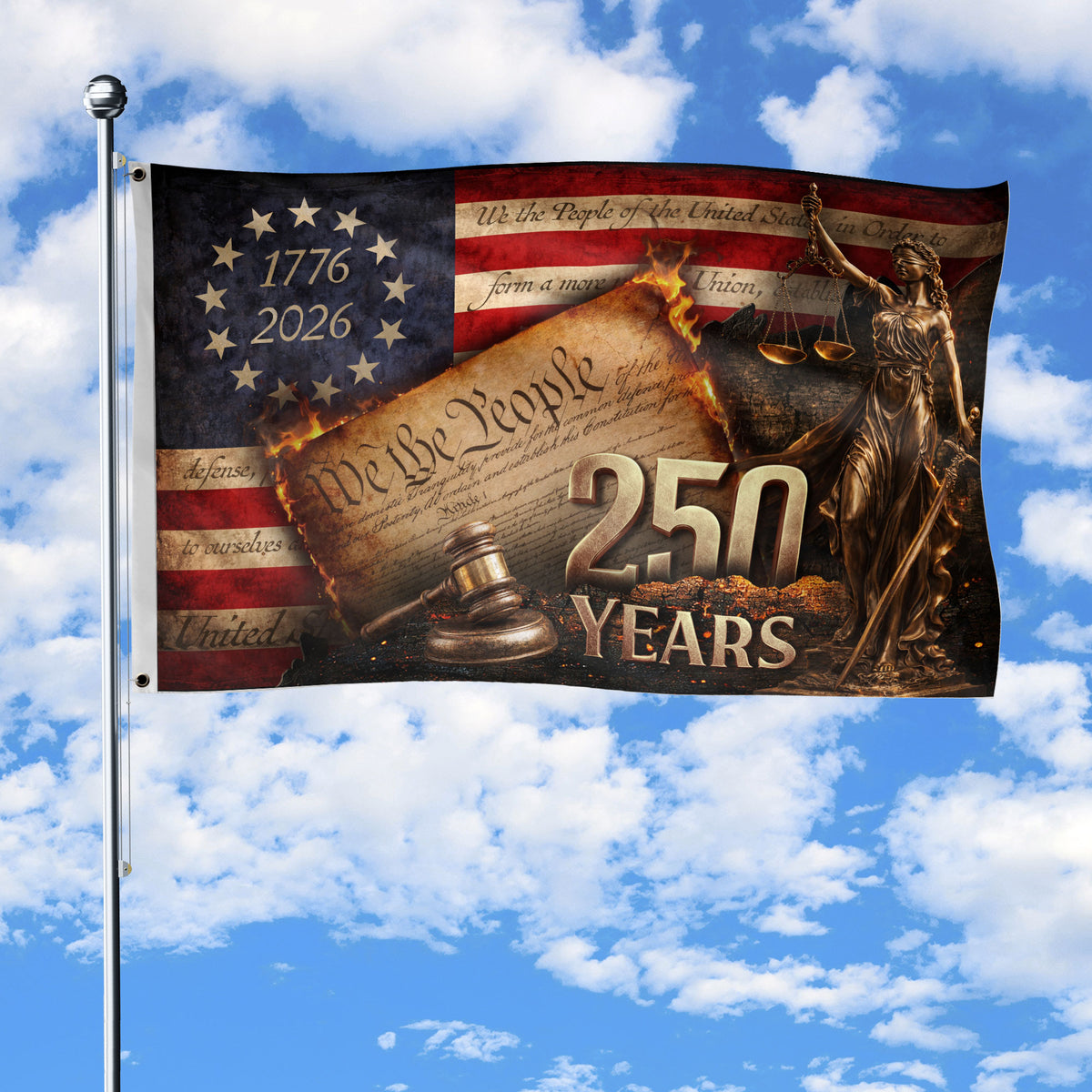Lady Justice House Flag 1776-2026 We The People 250 Years of Freedom Patriotic Decor - Rust Field Wear