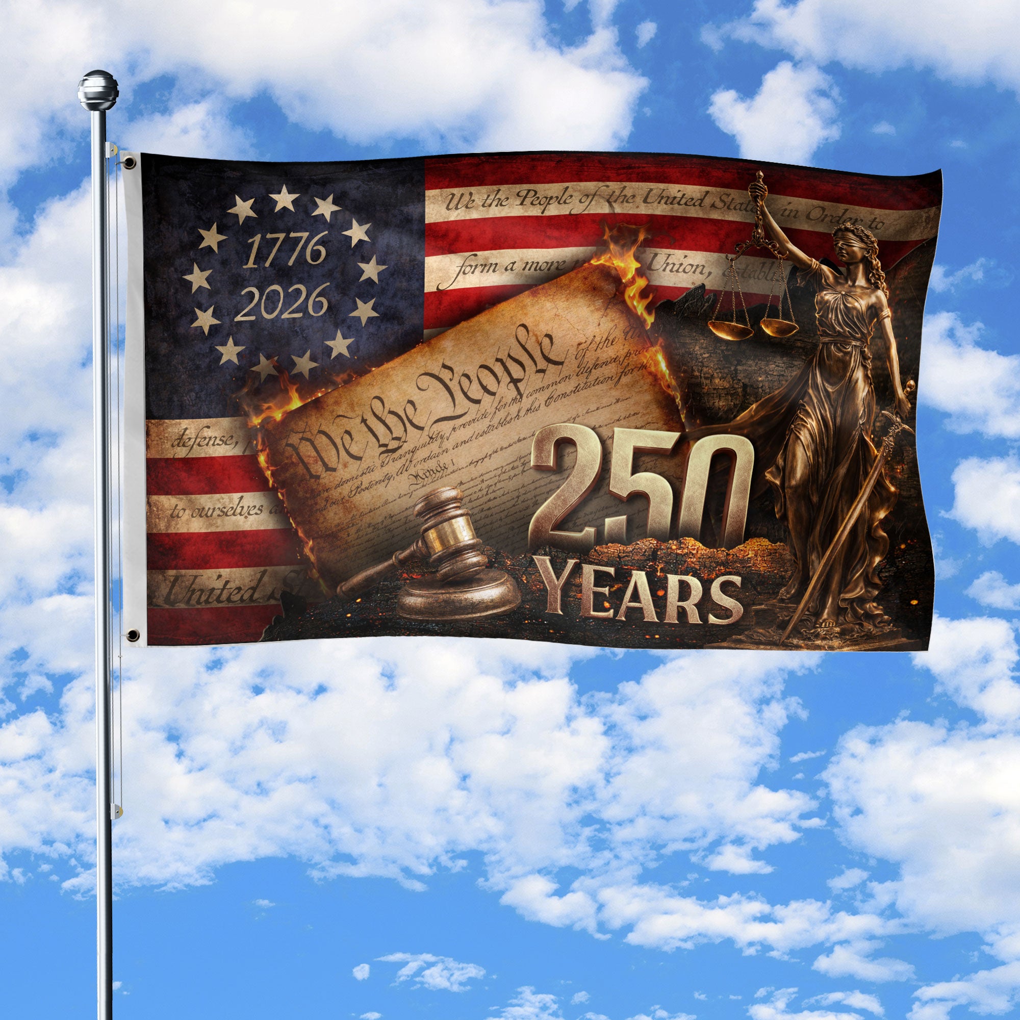 Lady Justice House Flag 1776-2026 We The People 250 Years of Freedom Patriotic Decor - Rust Field Wear