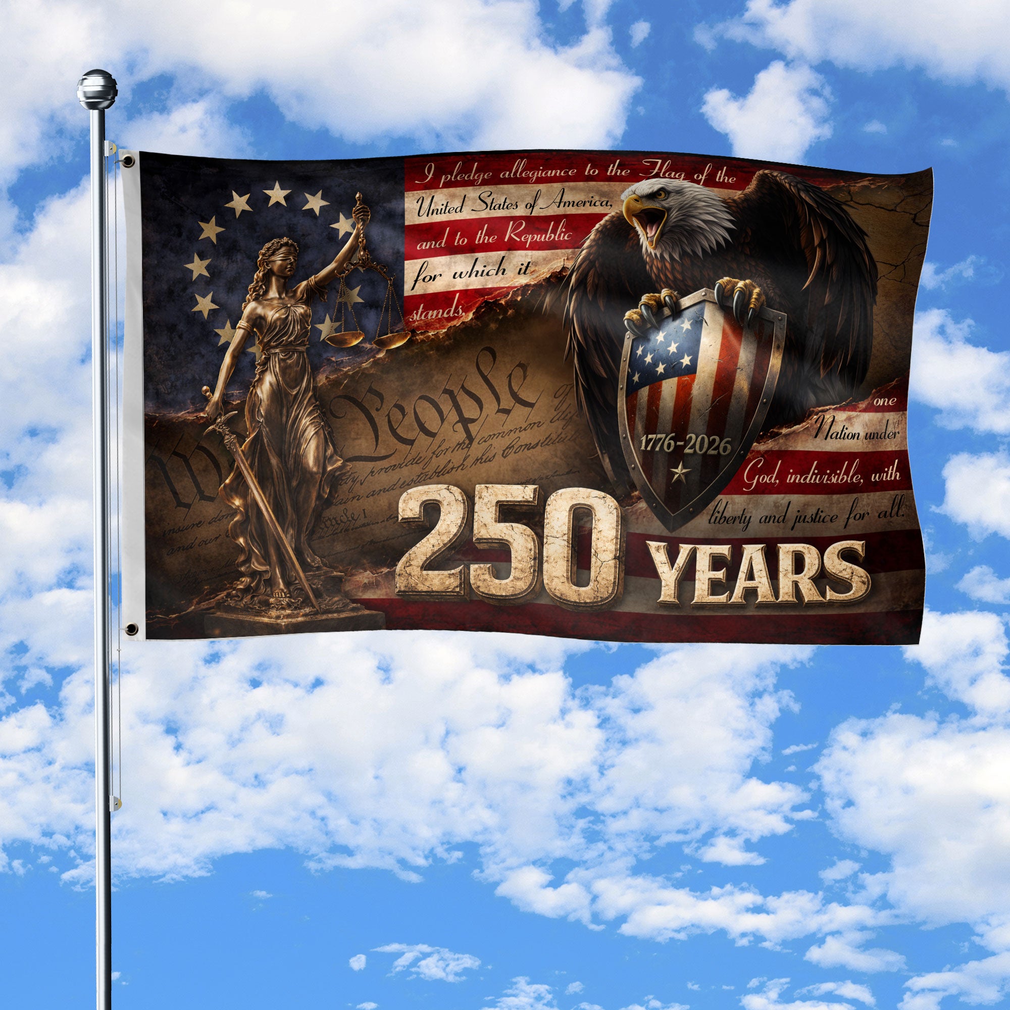 Lady Justice House Flag 1776-2026 We The People 250 Years of Freedom Patriotic Eagle Decor - Rust Field Wear