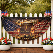 Fence Flag USA 250th Anniversary 1776–2026 Christian Cross Bible Patriotic Banner 250 Year American Freedom Flag - Rust Field Wear