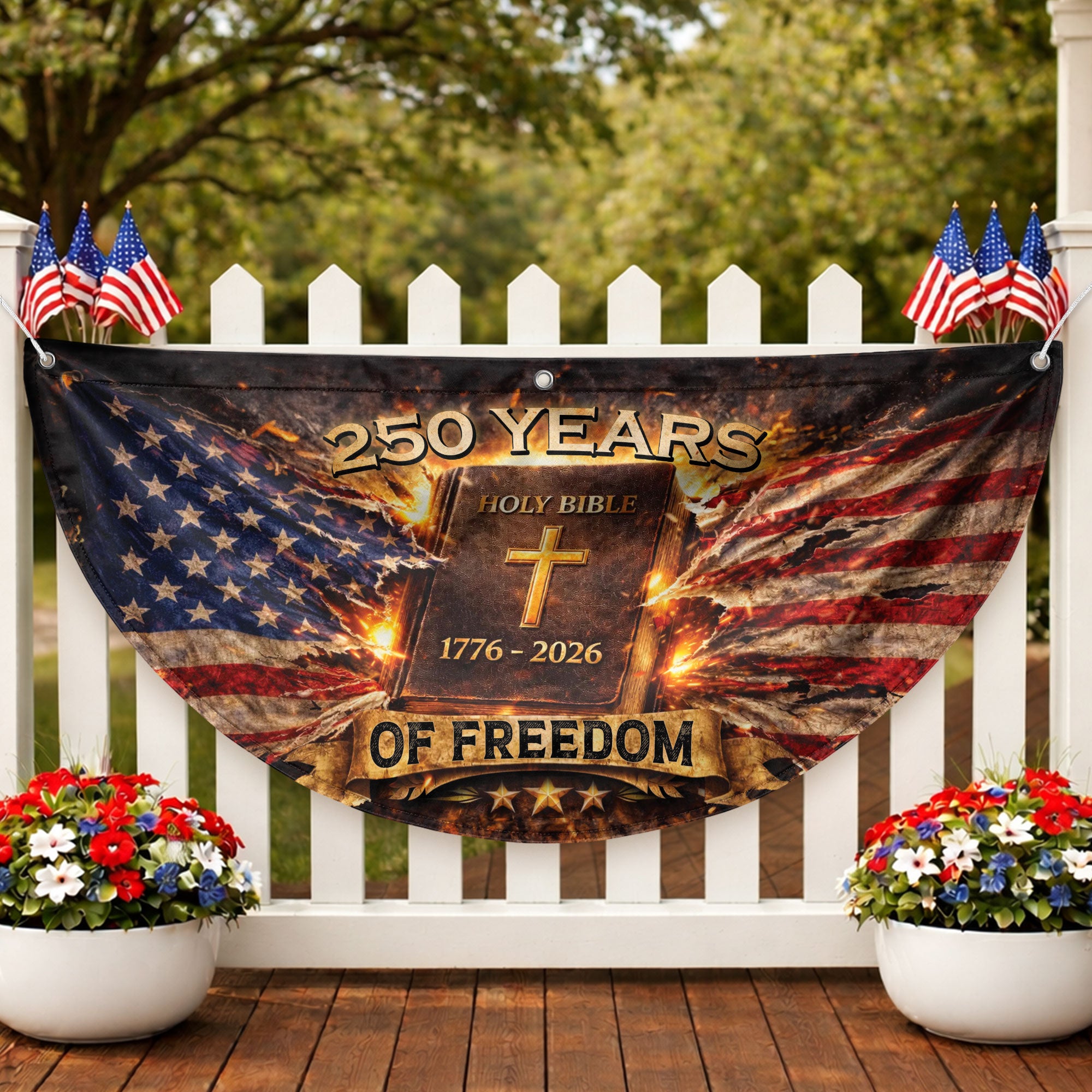 Fence Flag USA 250th Anniversary 1776–2026 Christian Cross Bible Patriotic Banner 250 Year American Freedom Flag