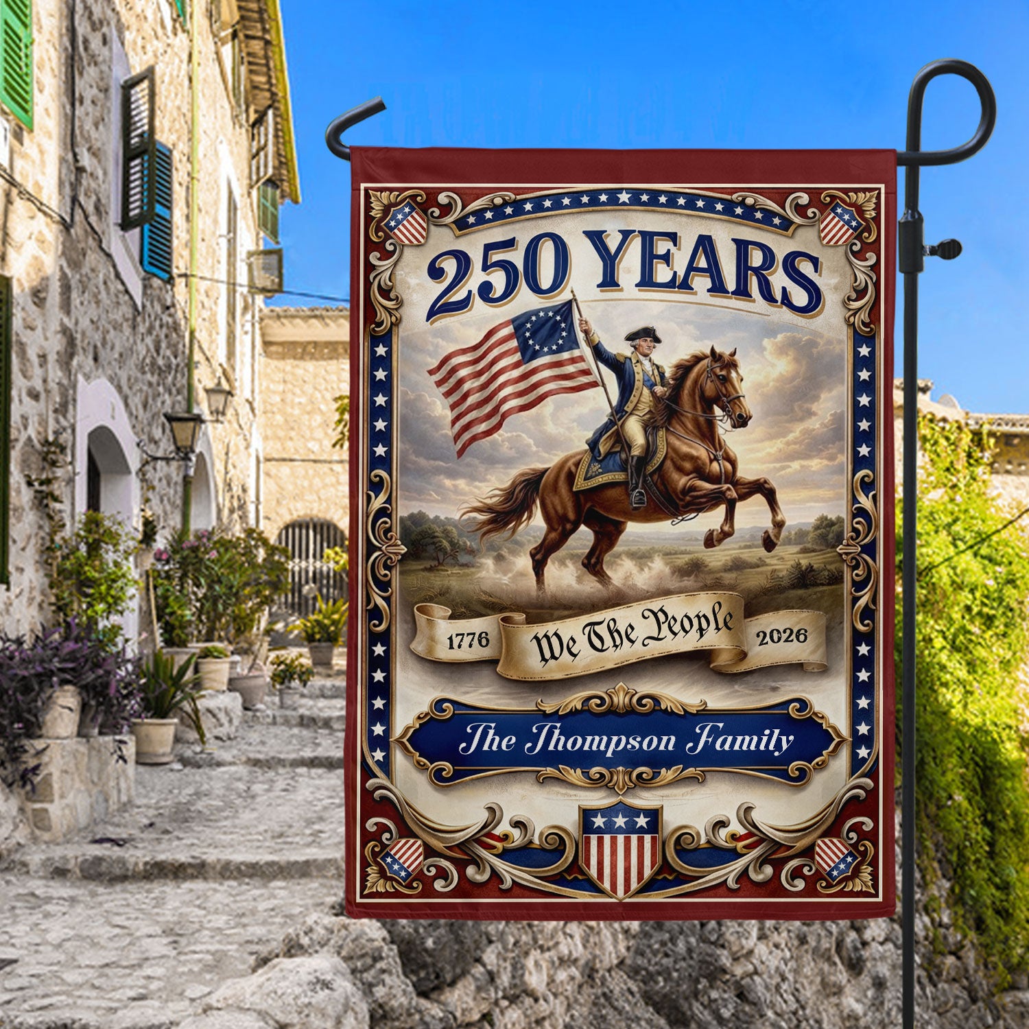 George Washington Horseback Garden Flag Custom Family Name 250 Years Freedom 1776-2026 Patriotic Decor