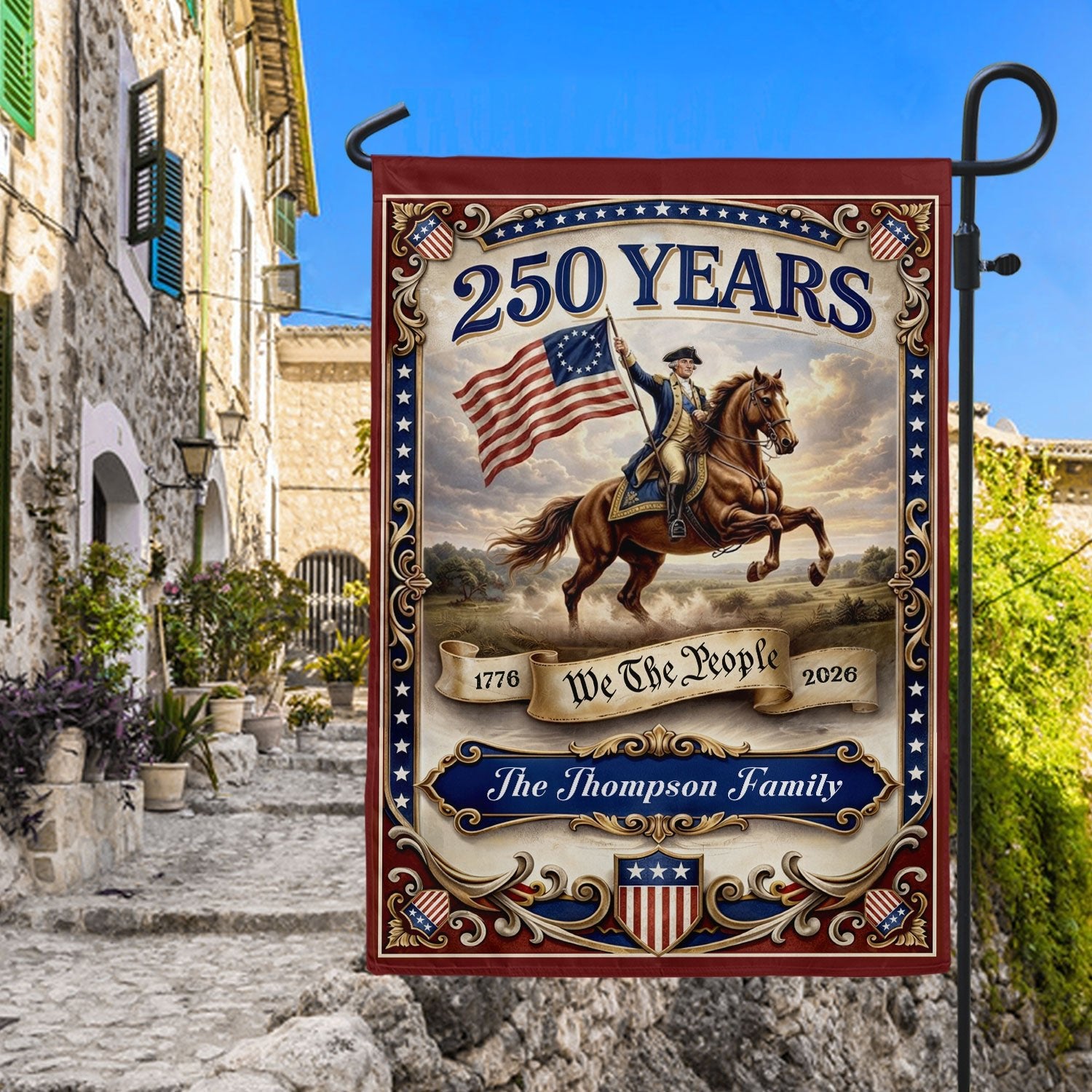 George Washington Horseback Garden Flag Custom Family Name 250 Years Freedom 1776-2026 Patriotic Decor - Rust Field Wear