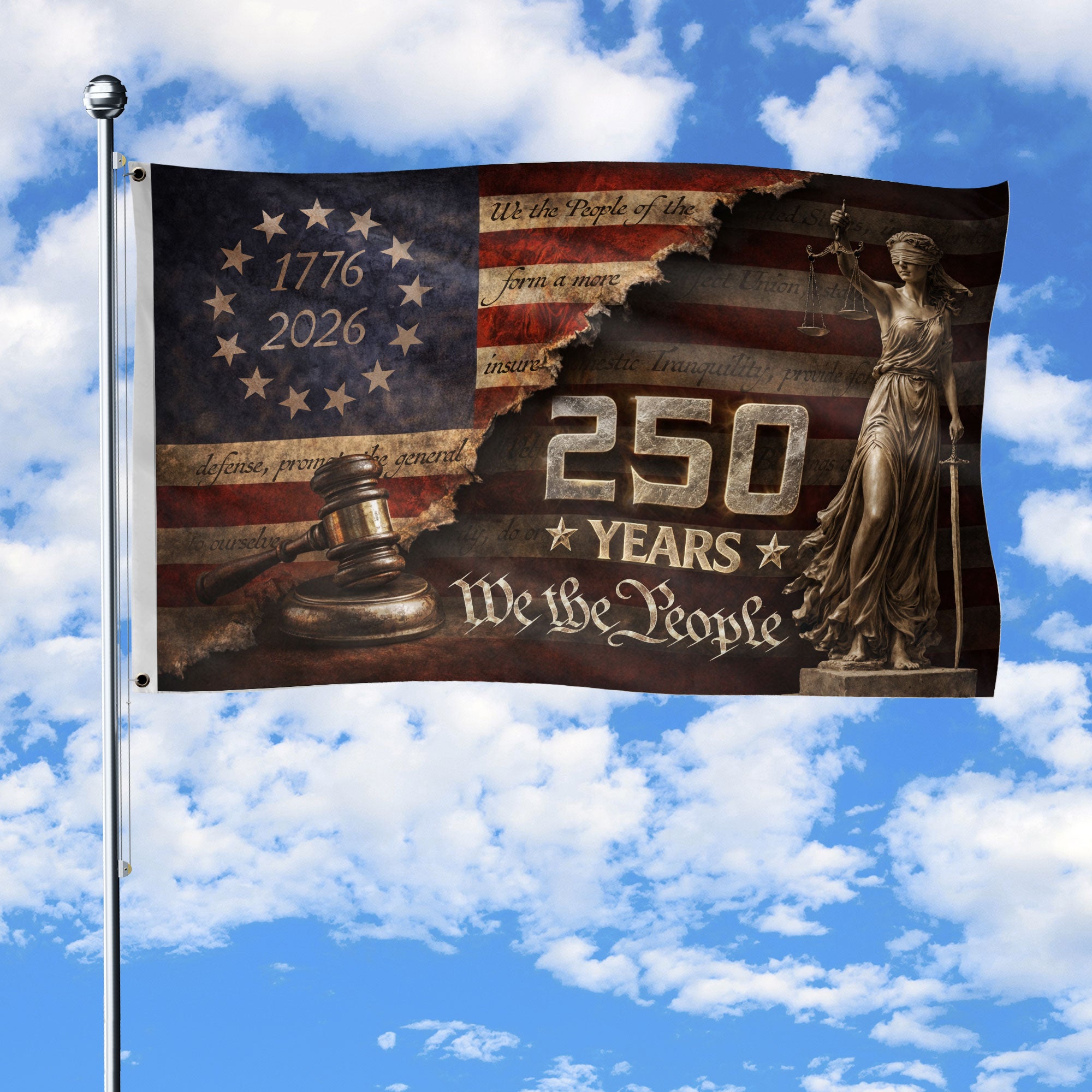 We The People House Flag 250 Years Patriotic Lady Justice 1776 2026 Outdoor Decor - Rust Field Wear