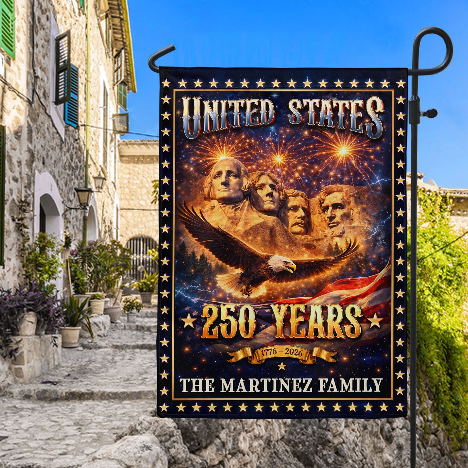 Mount Rushmore Patriotic Garden Flag Custom Family Name 250 Years 1776-2026 Banner