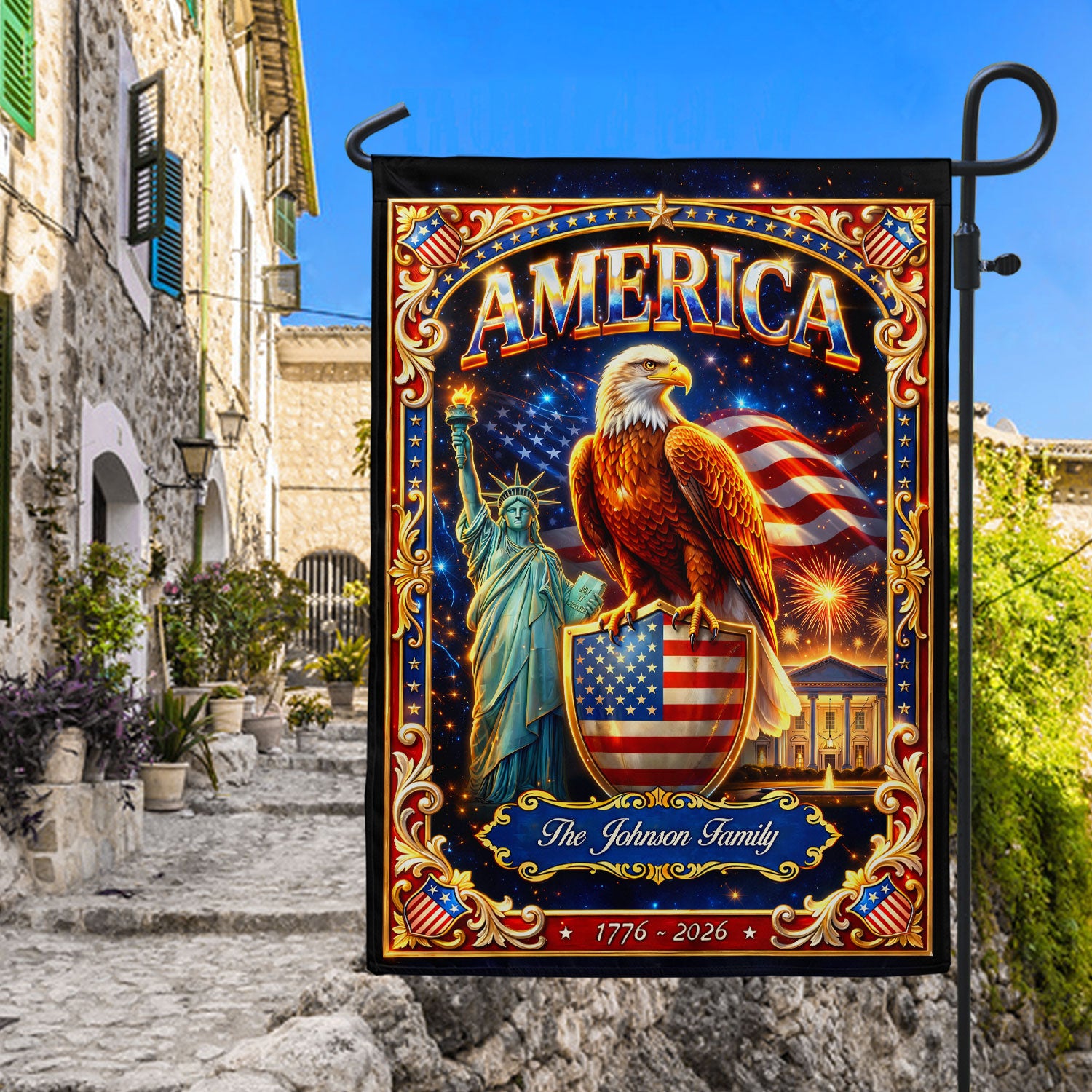 Custom Family Name 250th Anniversary Garden Flag – USA Eagle & Statue of Liberty 1776-2026