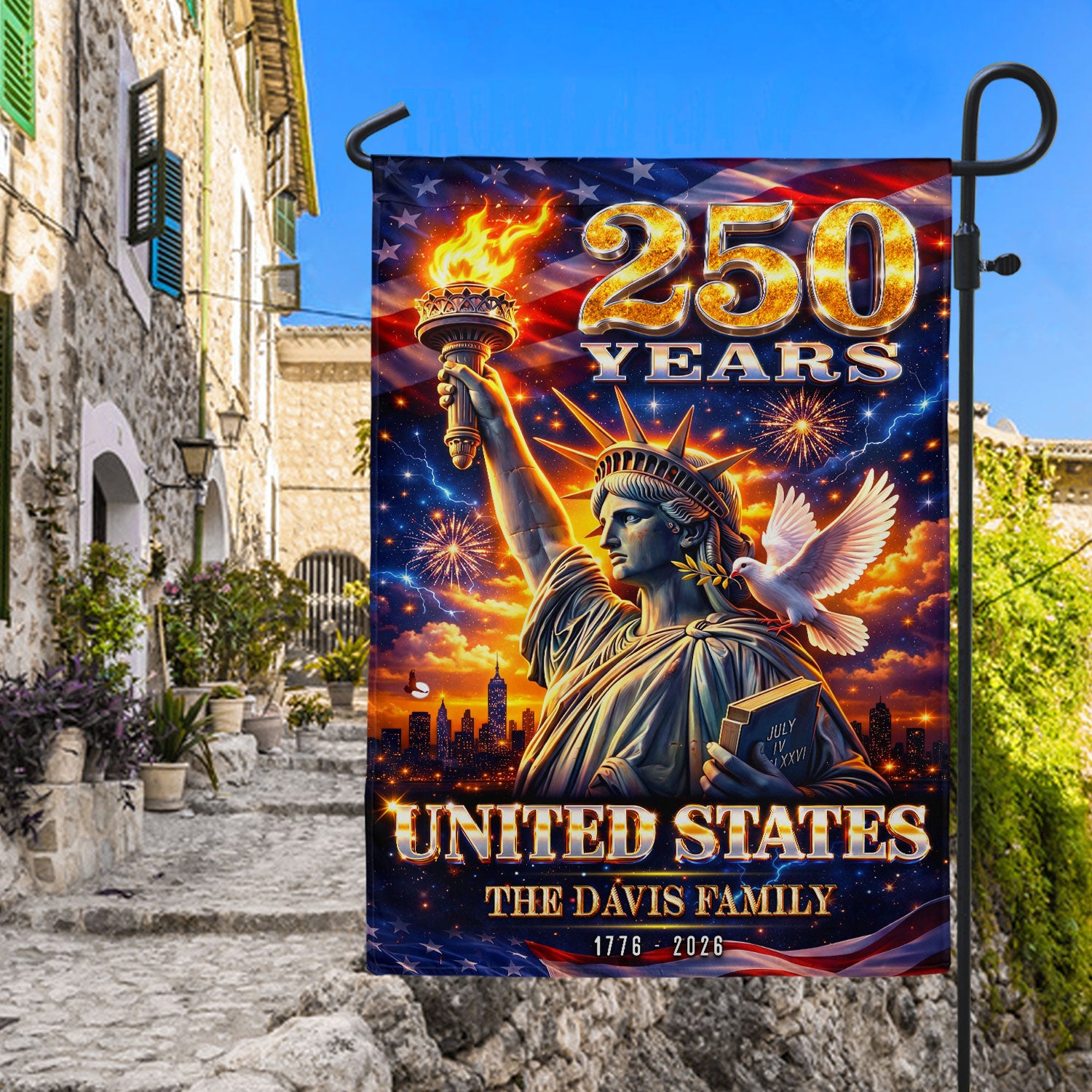 Custom Family Name 250th Anniversary Garden Flag – Statue of Liberty USA 1776-2026