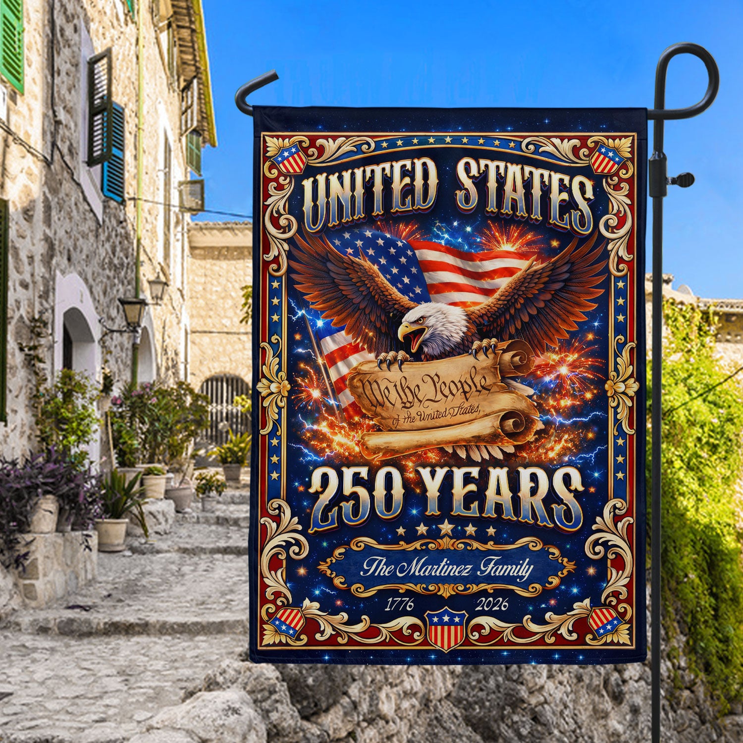 Custom Family Name 250th Anniversary Garden Flag – USA Eagle & 'We the People' 1776-2026