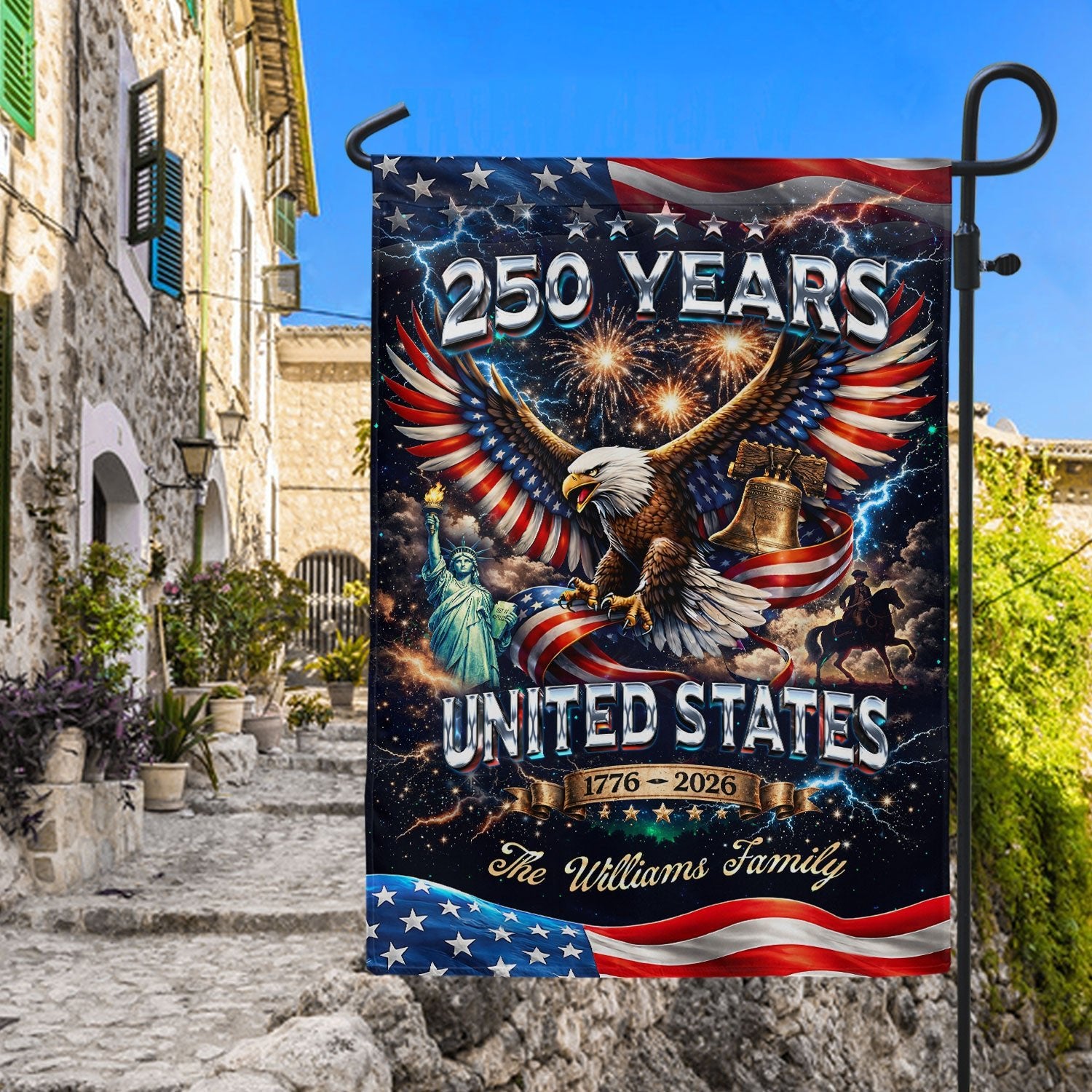 Personalized USA 250th Celebration Garden Flag – Patriotic Eagle, Statue & Fireworks Theme (1776–2026) - Rust Field Wear