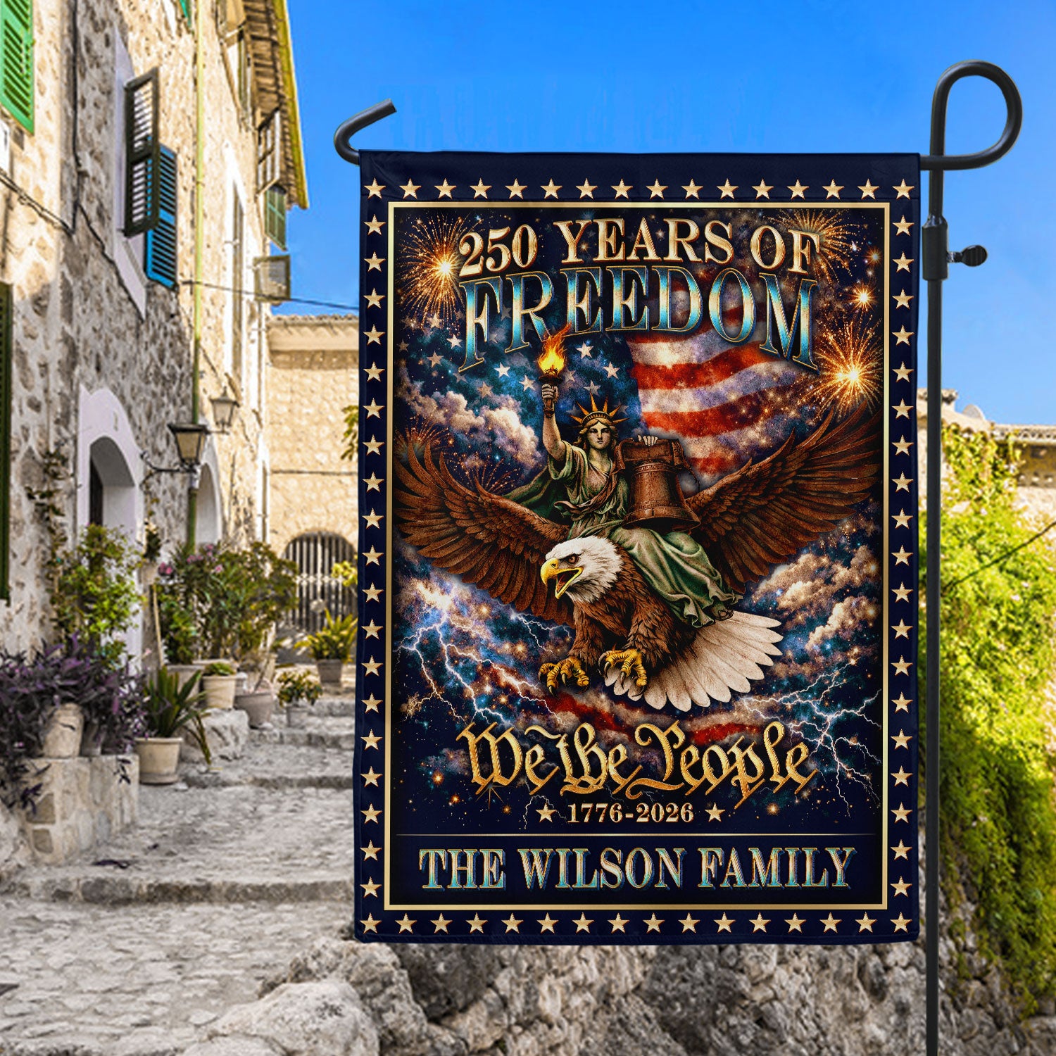 Personalized Patriotic Garden Flag – 250 Years of American Heritage with Liberty & Eagle Motif (1776–2026)