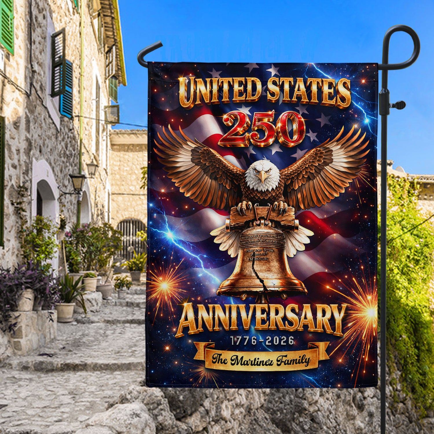 Personalized American Celebration Garden Flag – 250-Year Commemorative Design with Eagle & Liberty Bell (1776–2026)