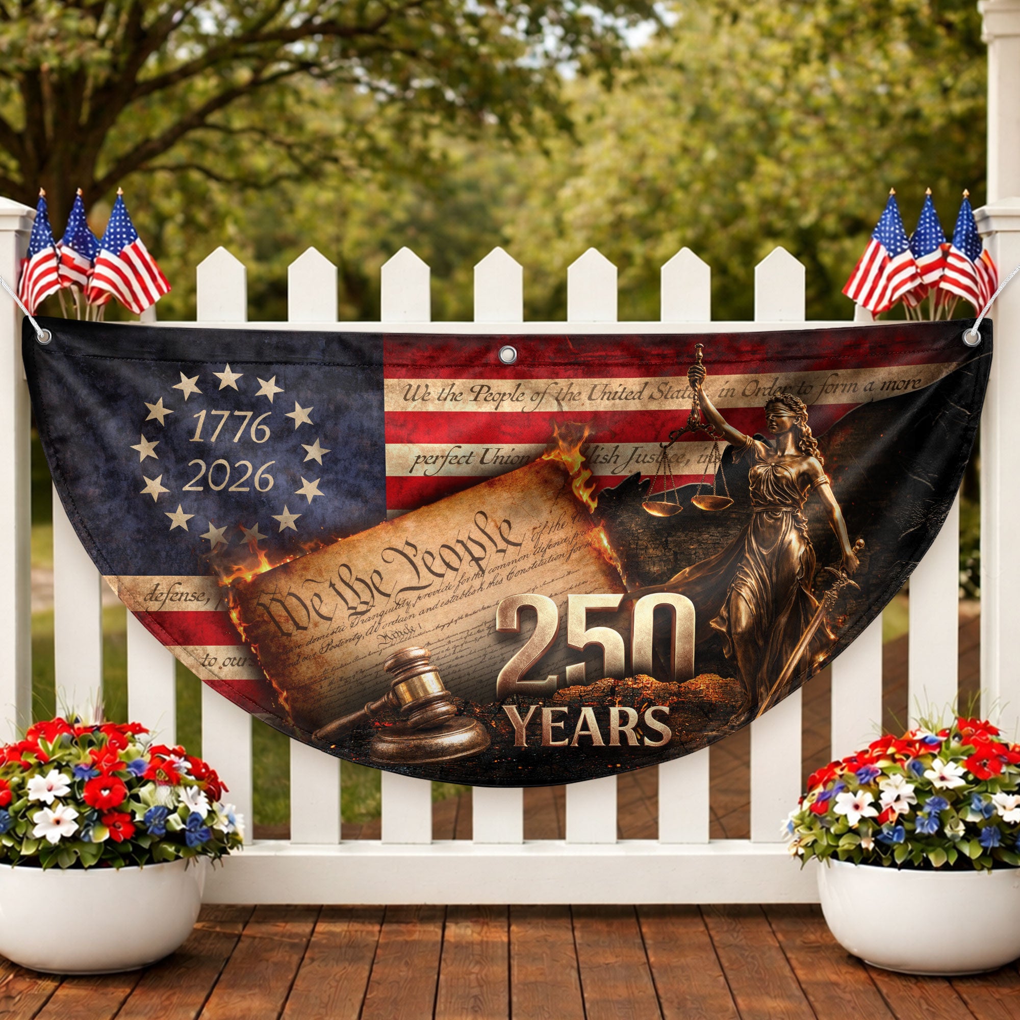 250 Years Lady Justice Fence Flag Patriotic 1776-2026 - We The People Outdoor Banner
