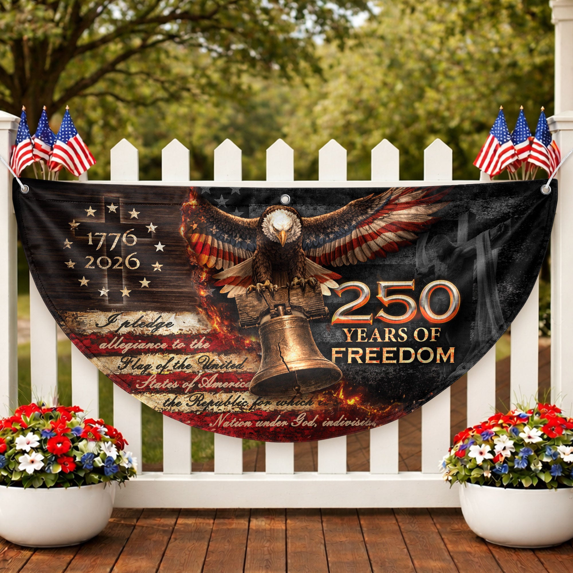 250 Years of Freedom Fence Flag 1776-2026 – Christian Patriotic Cross & Liberty Bell USA Double Sided Banner