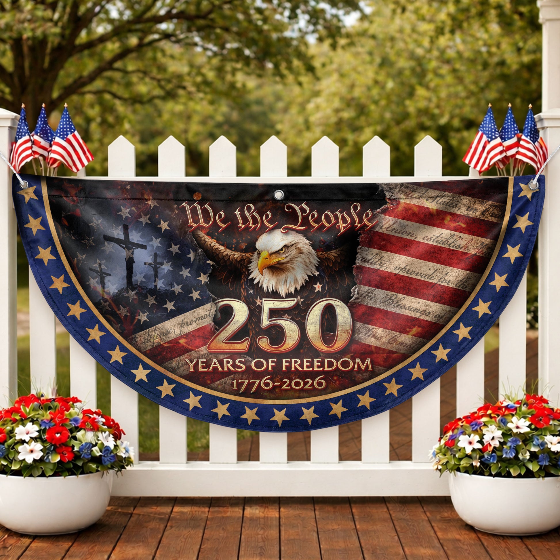 USA 250th Anniversary Fence Flag 1776-2026 – American Flag with Cross We The People Christian Patriotic Banner - Rust Field Wear