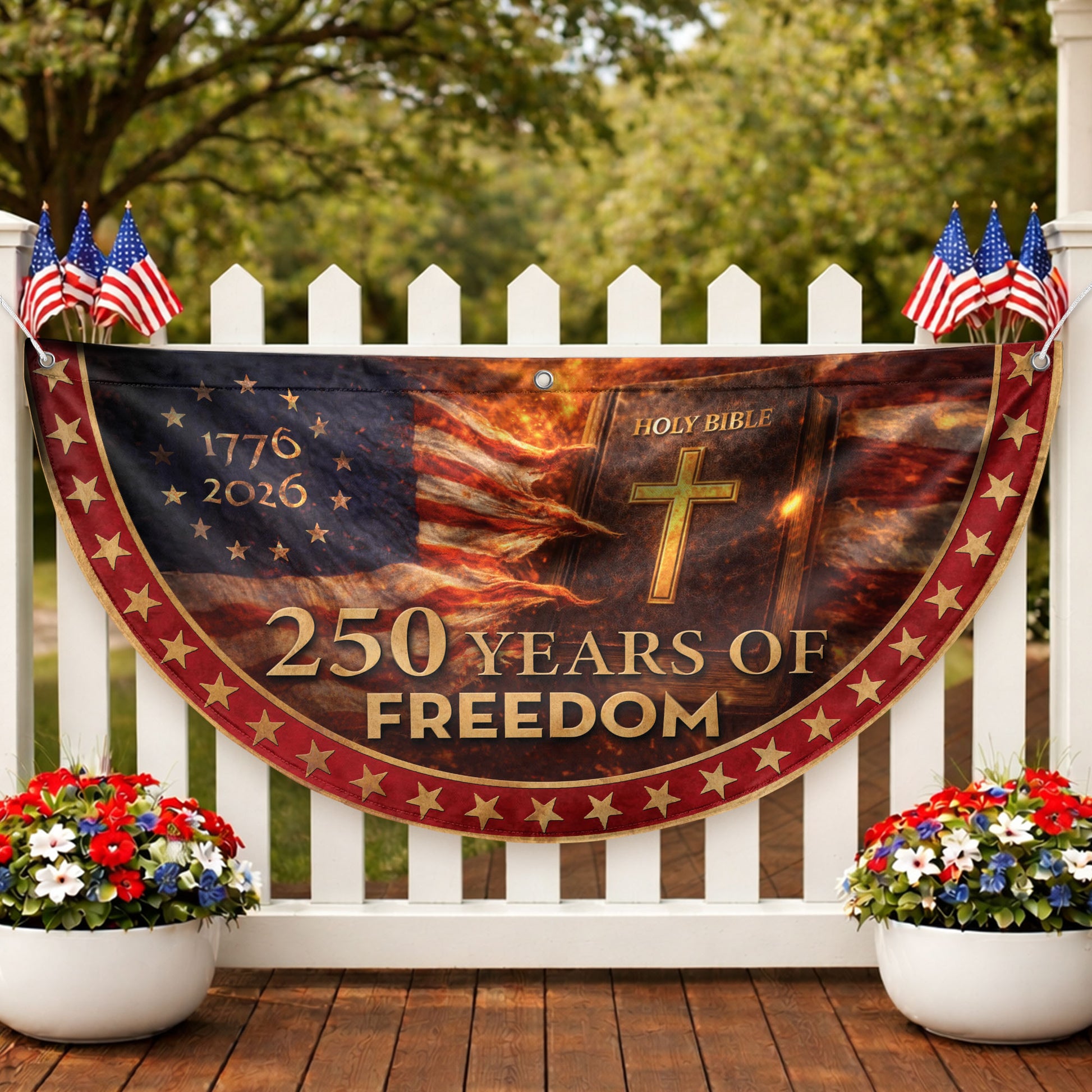 Christian Patriotic Fence Flag 1776-2026 – Holy Bible American Flag 250 Years of Freedom Double Sided Banner - Rust Field Wear