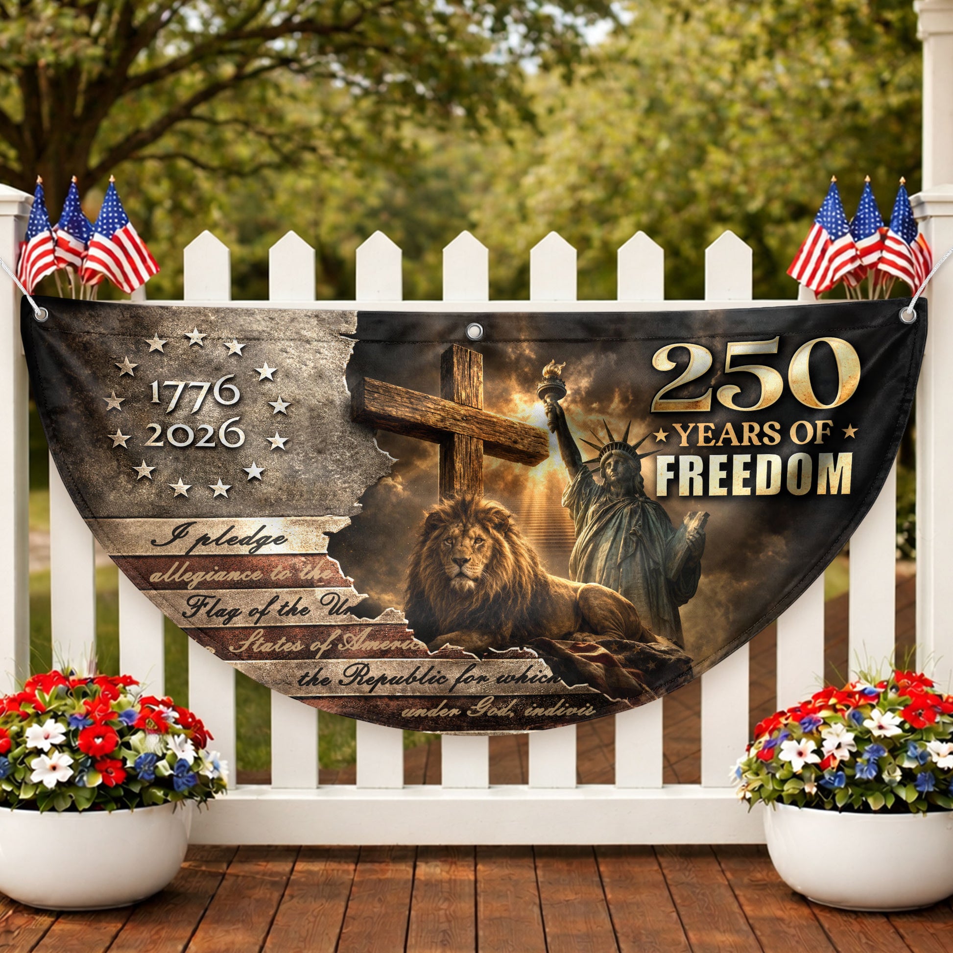 God Bless America 250 Years Fence Flag 1776-2026 – Lion & Cross Christian Patriotic USA Double Sided Banner - Rust Field Wear