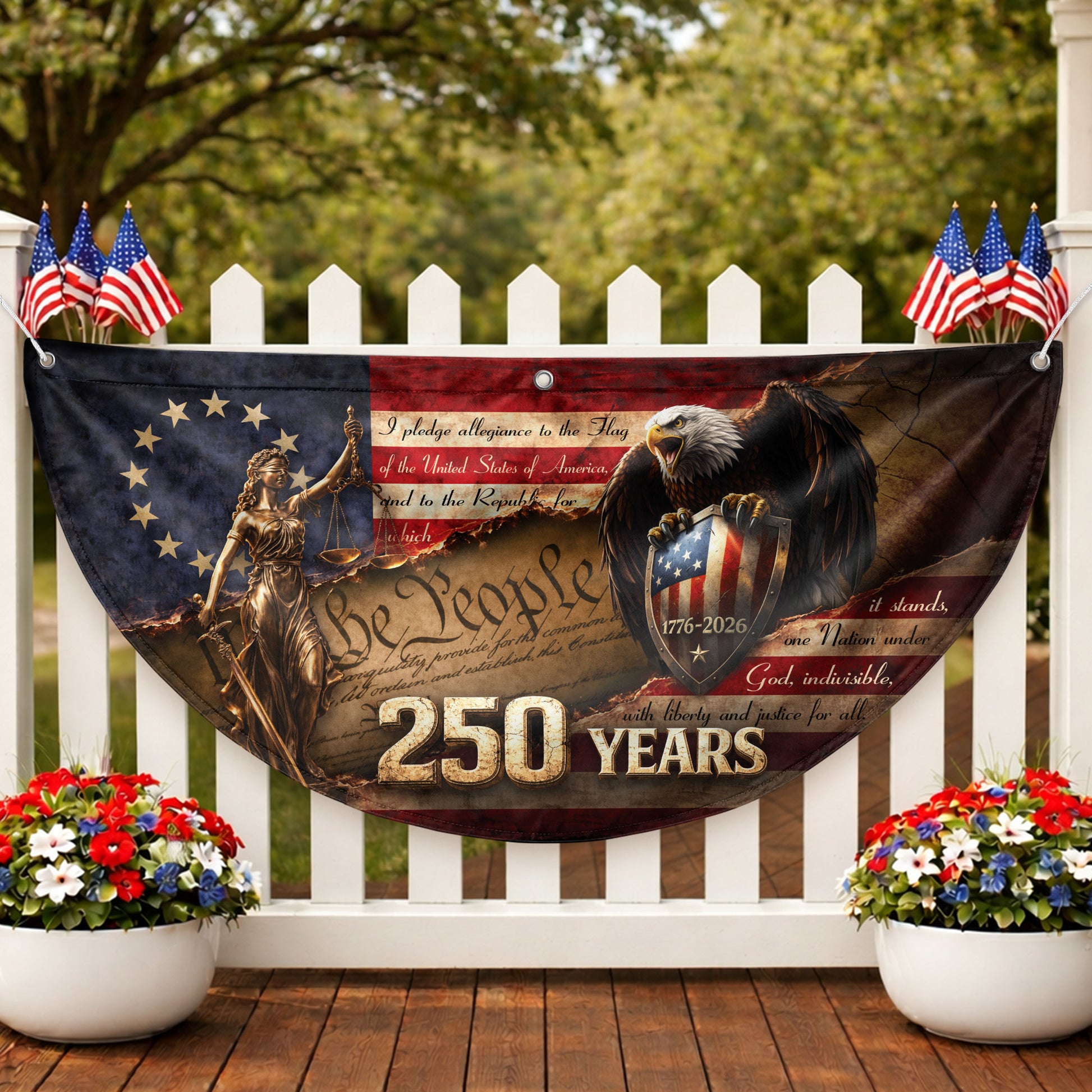 We The People Lady Justice Fence Flag 250 Years Patriotic Eagle - 1776-2026 Flag Decor - Rust Field Wear