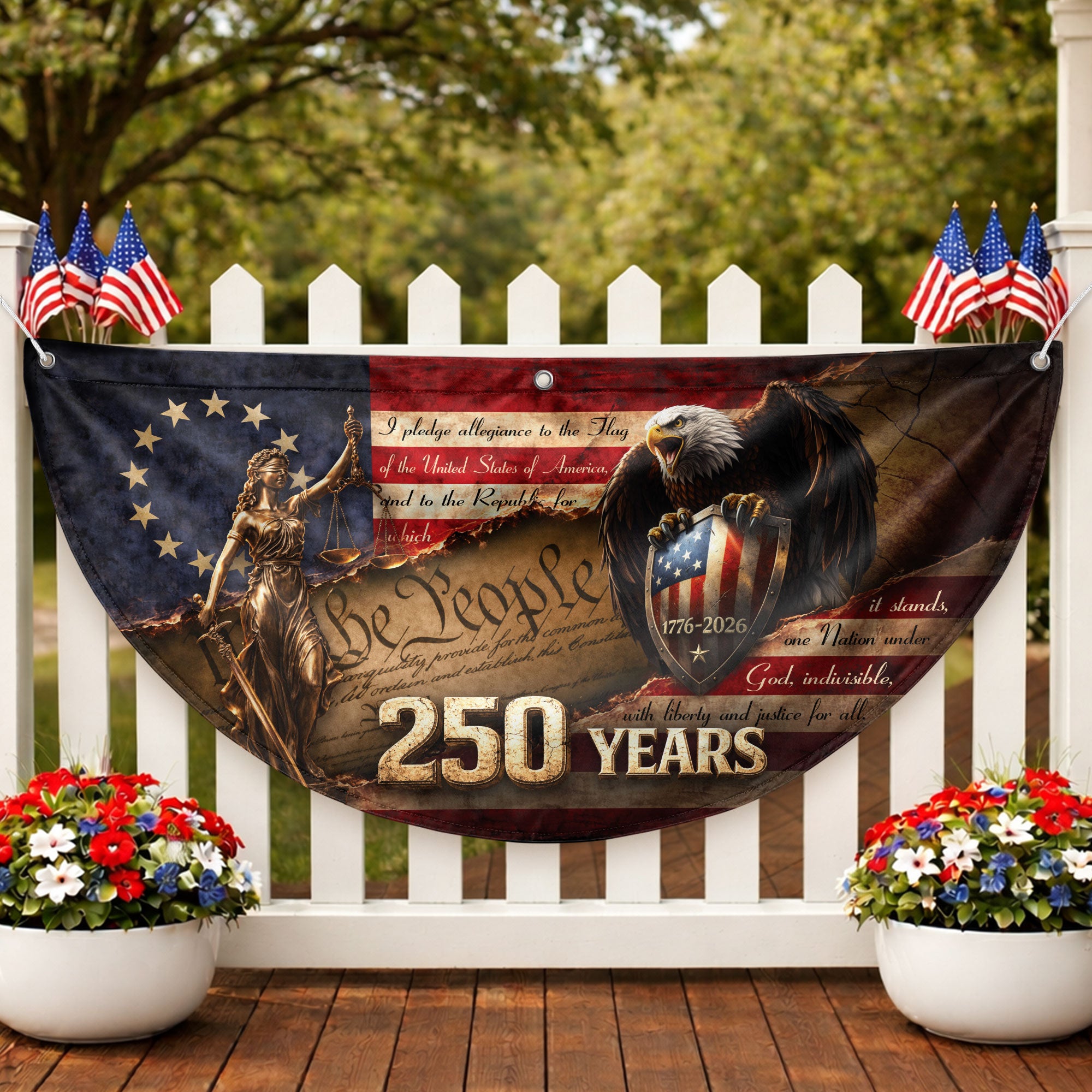 We The People Lady Justice Fence Flag 250 Years Patriotic Eagle - 1776-2026 Flag Decor