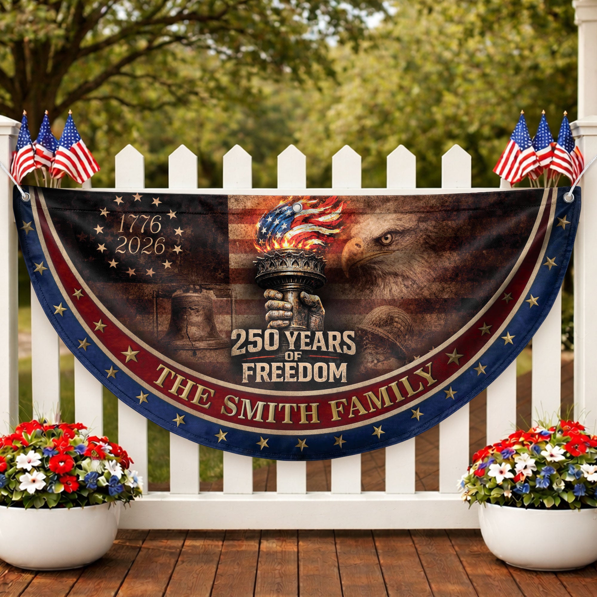 250 Anniversary USA Flag Fence Flag Custom Family Name, American Flag 250 Year Anniversary Banner with Eagle Design