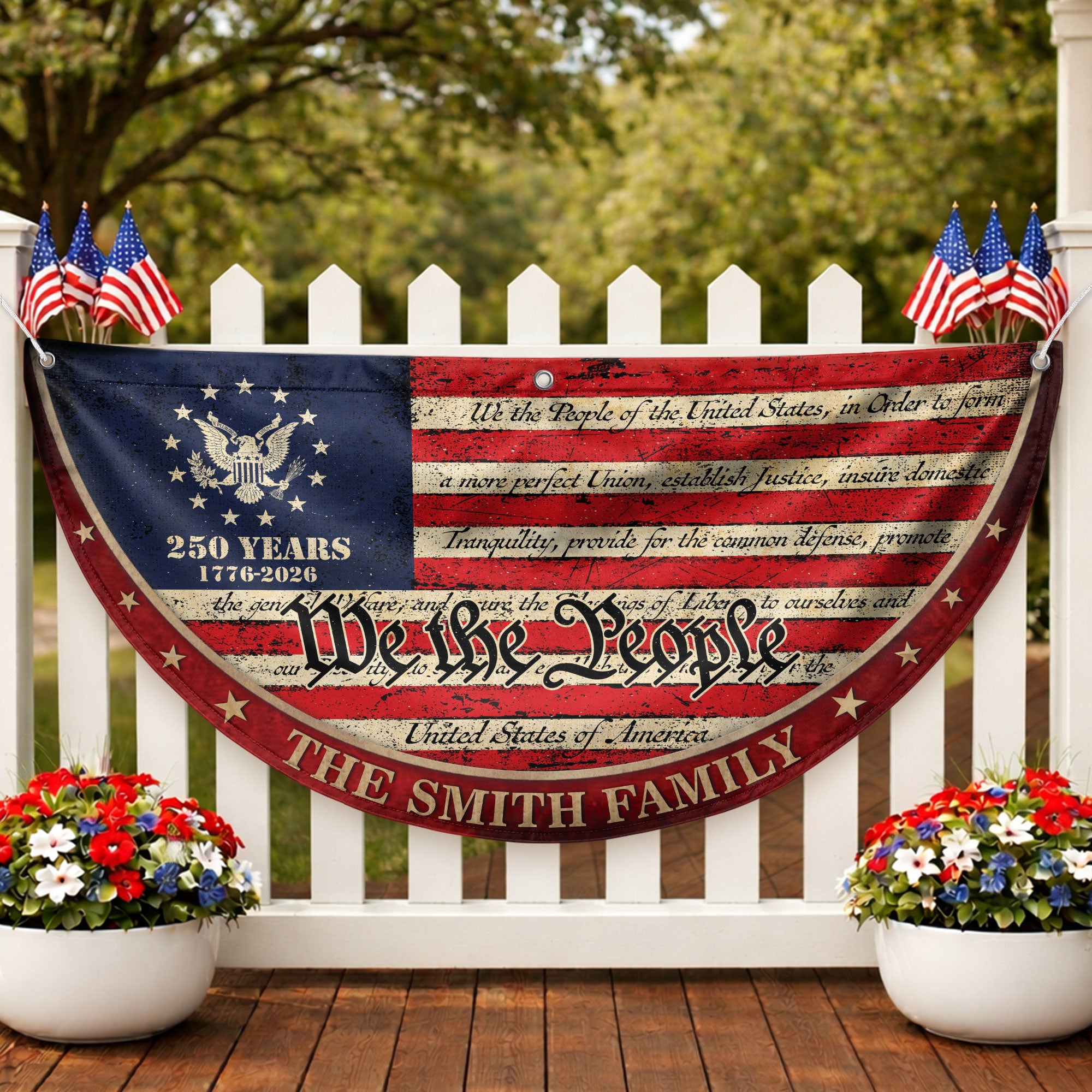 250 Years of Freedom Flag Fence Flag Custom Family Name, We The People Flag, American Flag with Eagle Patriotic Banner