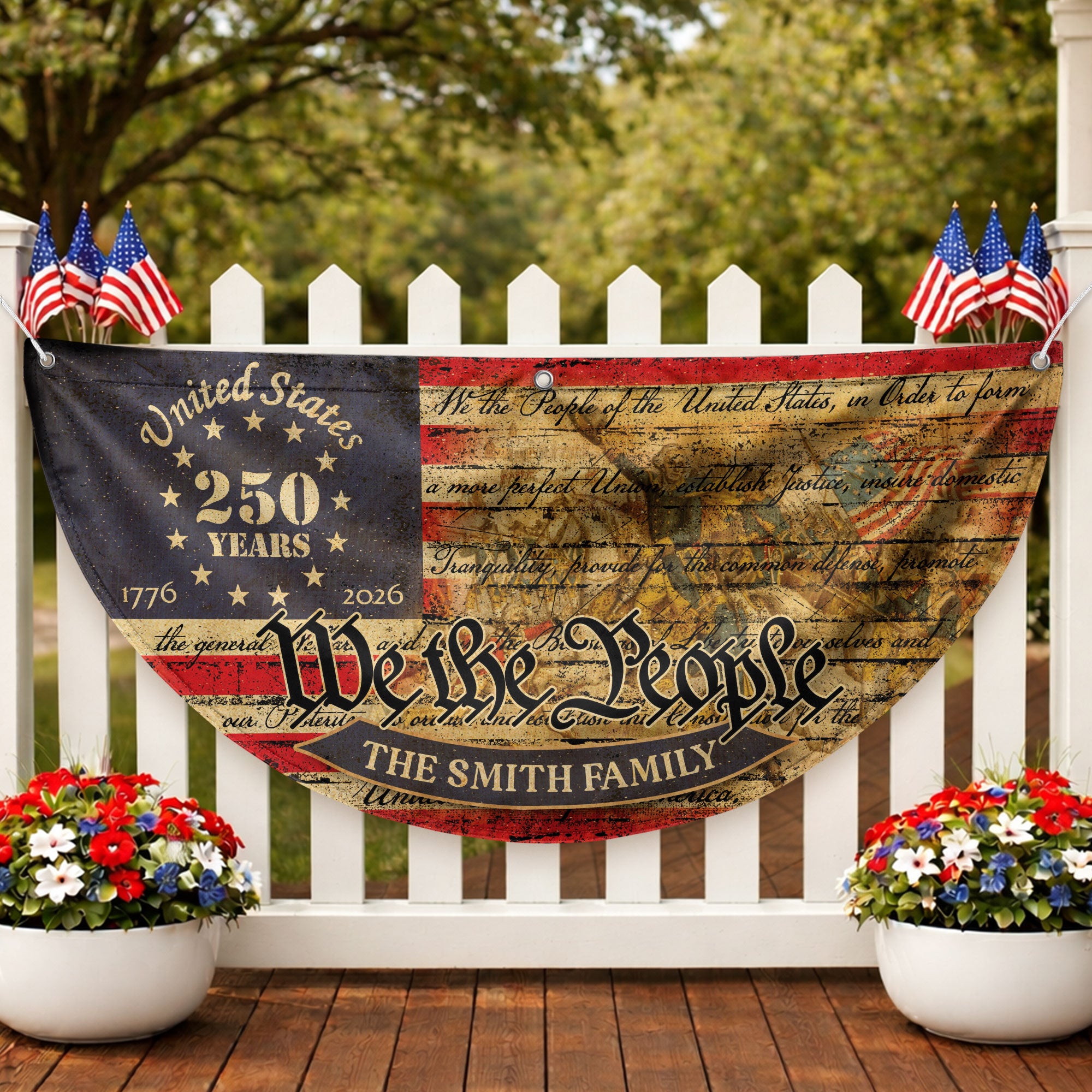 American Flag 250 Year Anniversary Fence Flag Custom Family Name, 250 Anniversary USA Banner, We The People Flag Design