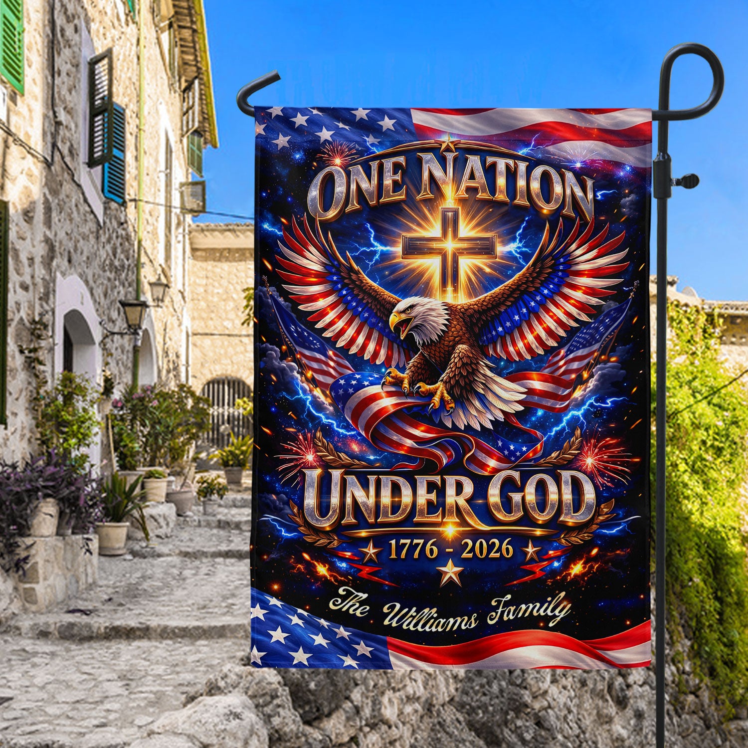 Personalized Faith & Freedom Garden Flag – 250-Year USA Tribute with Eagle and Cross Motif (1776–2026)