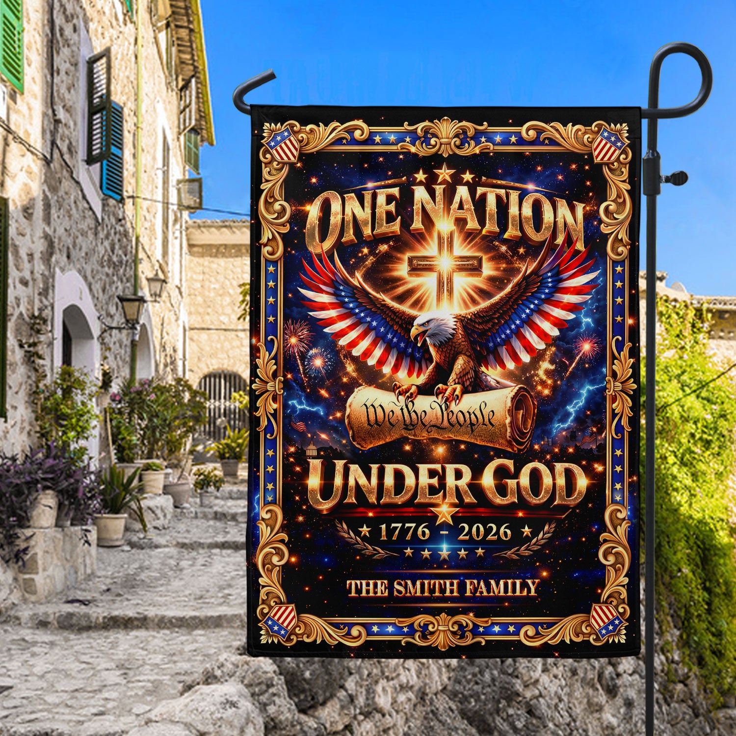 One Nation Under God 250th Anniversary Garden Flag – Custom Family Name with Eagle, Cross & 'We the People' 1776-2026