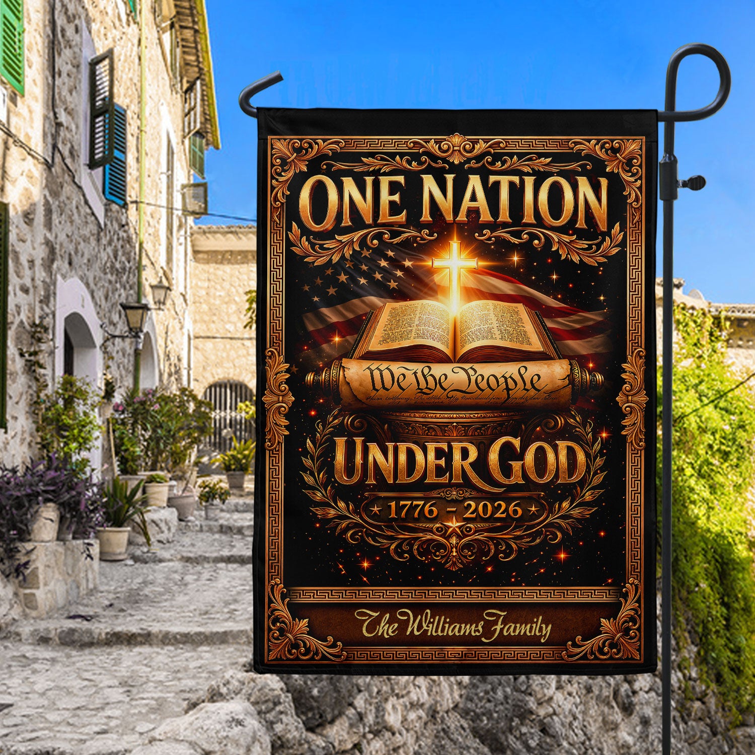 One Nation Under God 250th Anniversary Garden Flag – Custom Family Name with Bible, Cross & 'We the People' 1776-2026