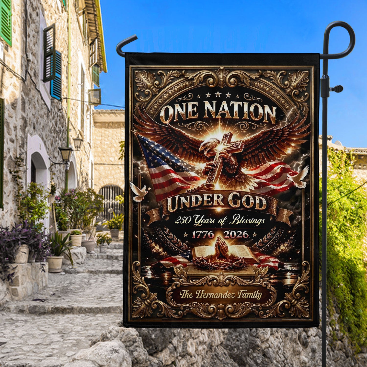 One Nation Under God 250th Anniversary Garden Flag – Custom Family Name with Eagle, Cross & Bible 1776-2026