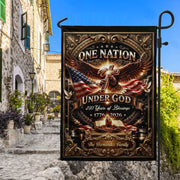 One Nation Under God 250th Anniversary Garden Flag – Custom Family Name with Eagle, Cross & Bible 1776-2026 - Rust Field Wear