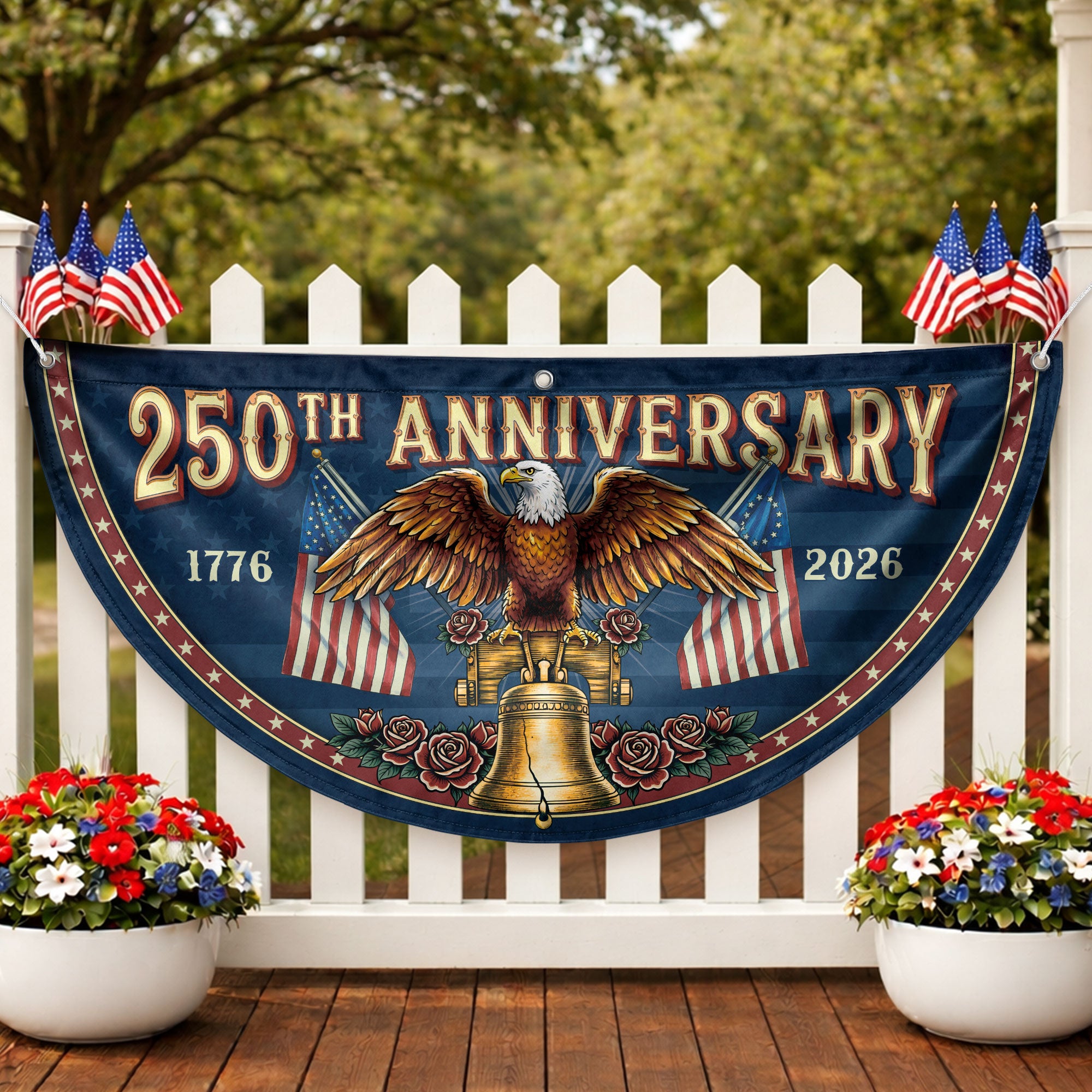 250th Anniversary USA Fence Flag - Patriotic Eagle & Liberty Bell Decoration for 2026