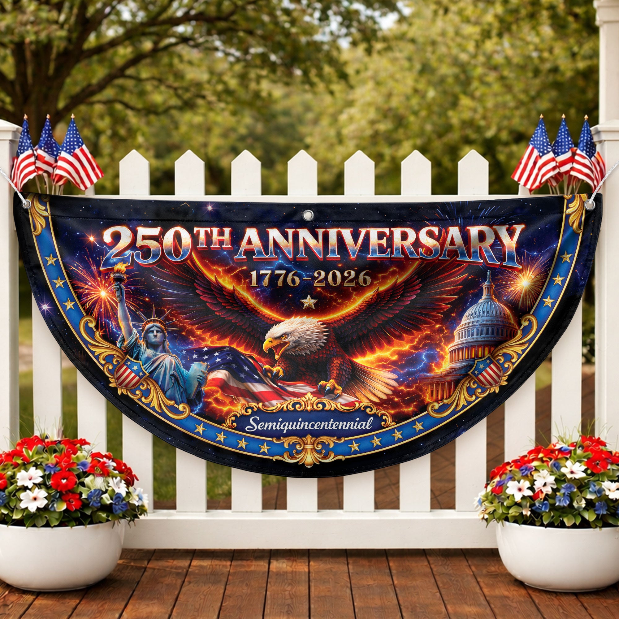 250 Years of Freedom Fence Flag 1776-2026 Patriotic Eagle Statue of Liberty Banner