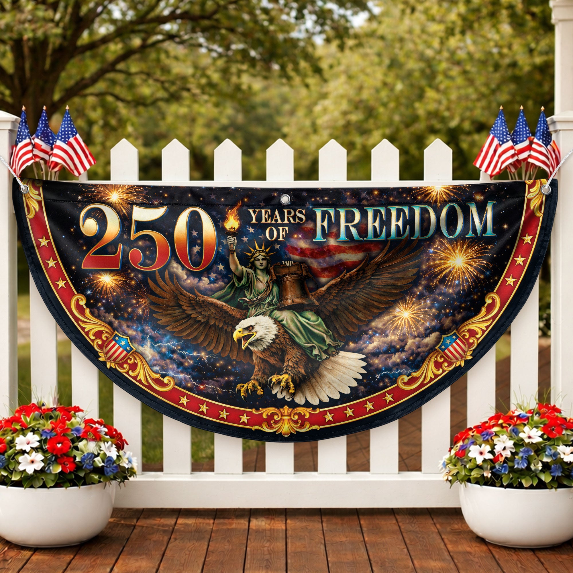 Fence Flag 250 Years of Freedom 1776-2026 Patriotic Eagle Liberty Bell Fireworks Banner