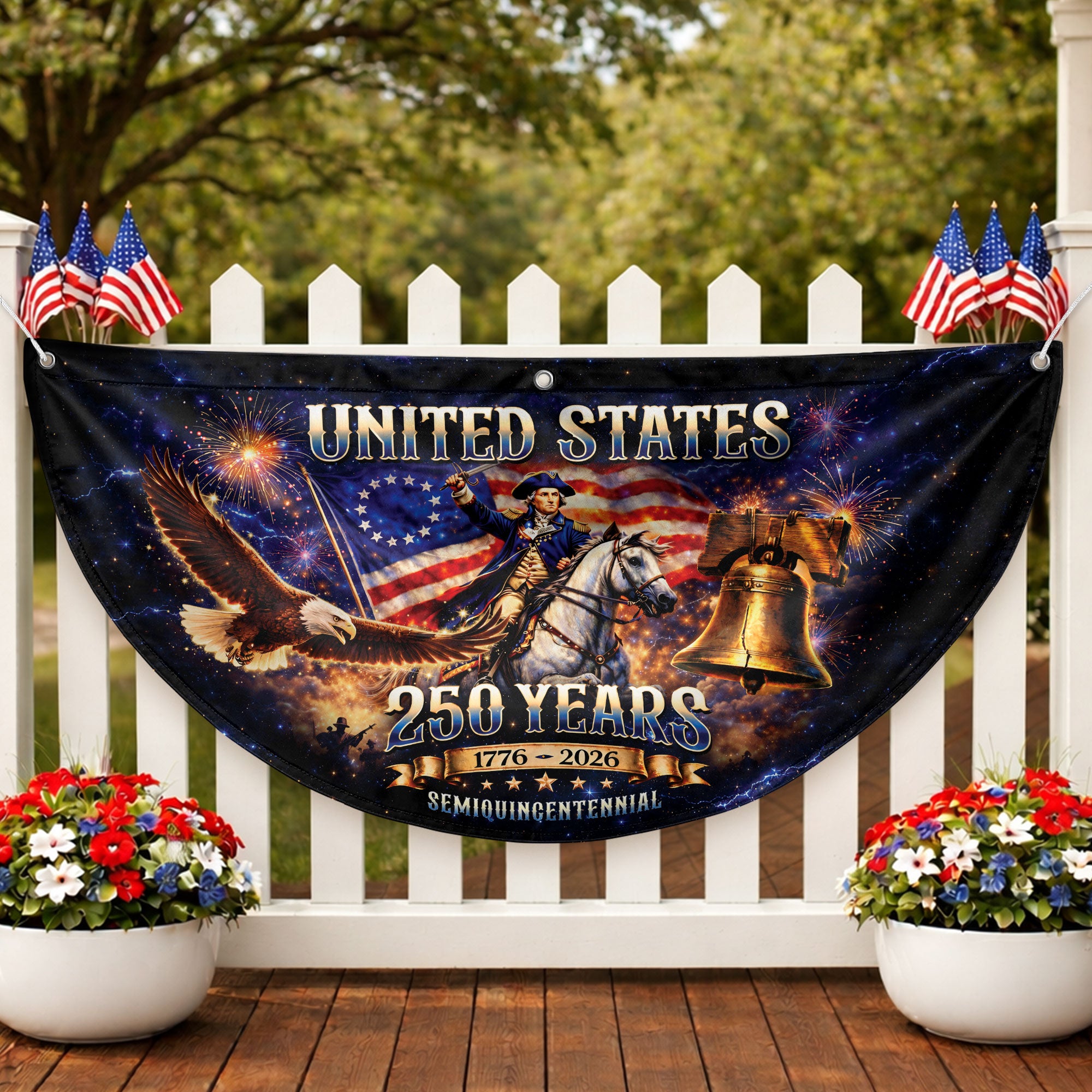 USA 250 Years Fence Flag 1776-2026 George Washington Eagle Patriotic