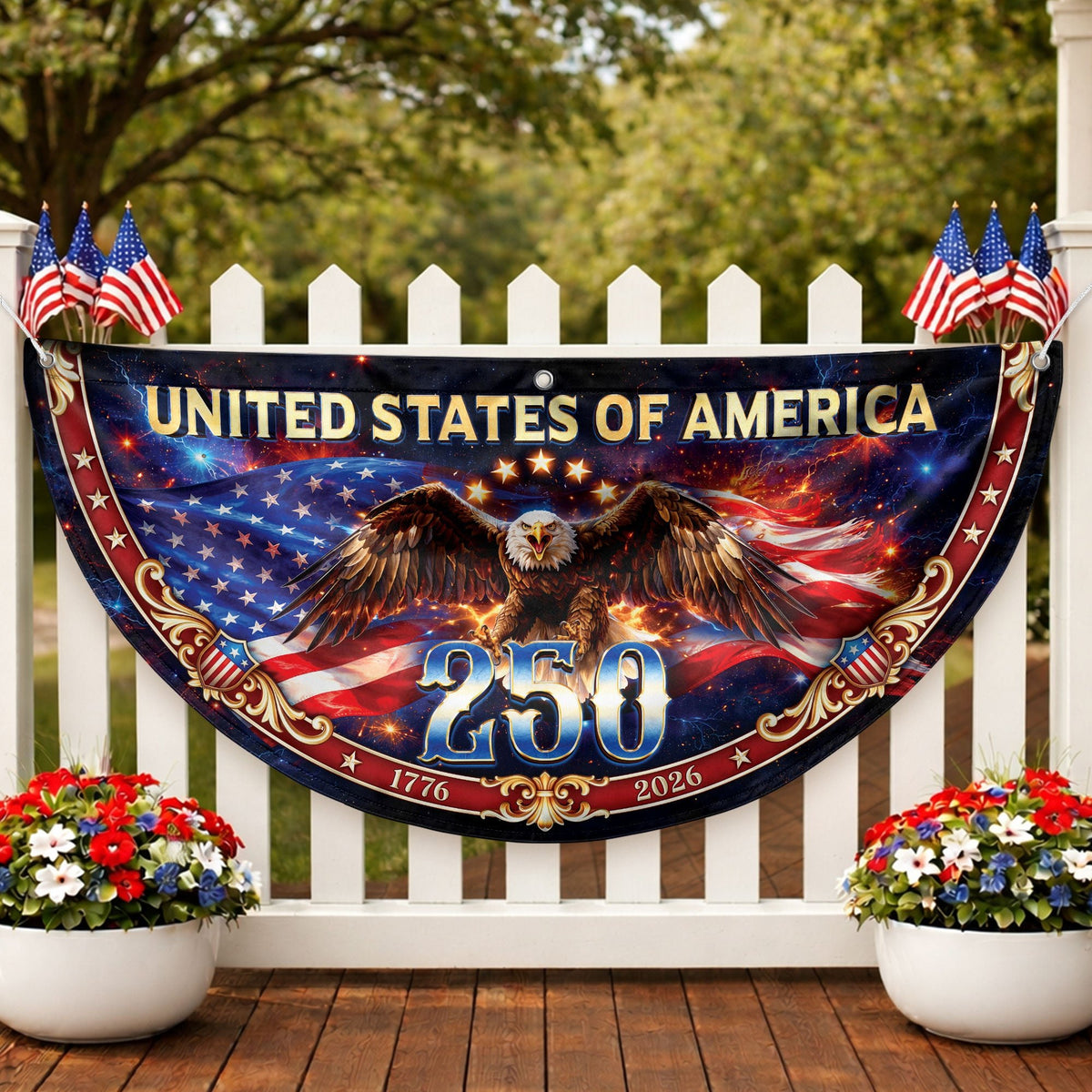 United States 250 Years Fence Flag 1776-2026 Patriotic Eagle Outdoor Banner Decoration - Rust Field Wear